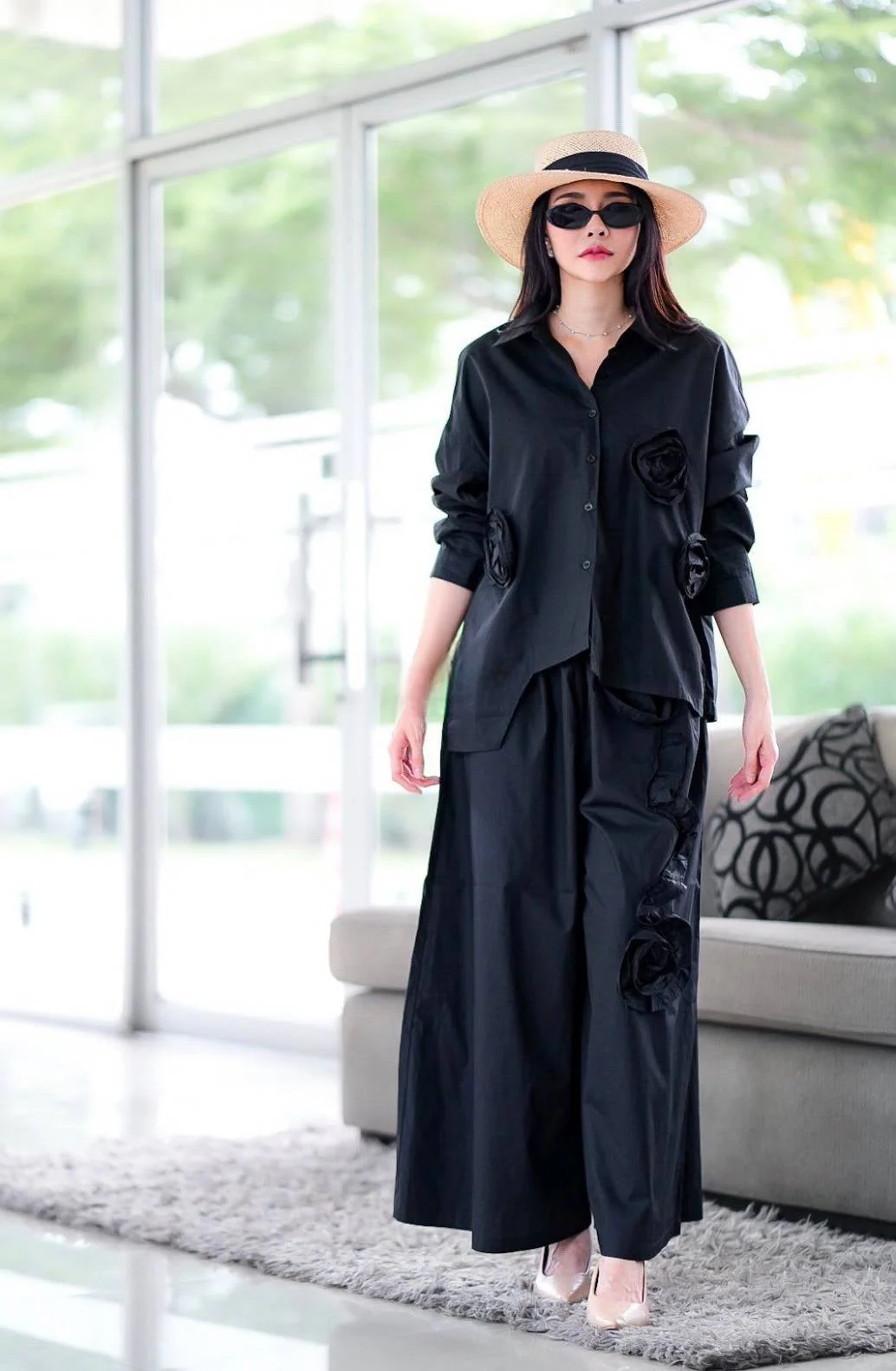 Jet Black 3D Fabric Flower Applique Co-Ord Set - Image 4