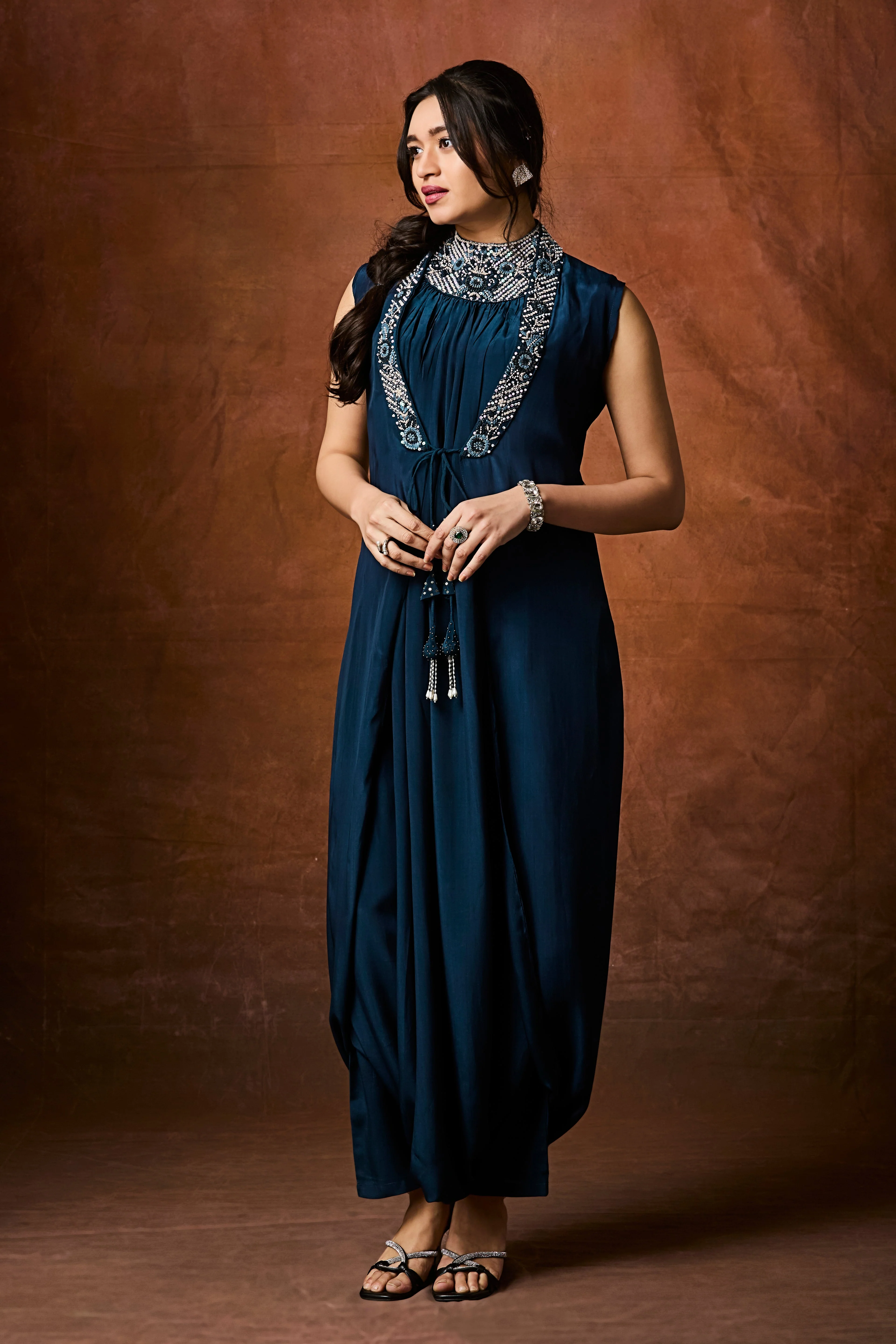 Midnight Teal Embellished Chinon Silk Cowl Dress - Image 3