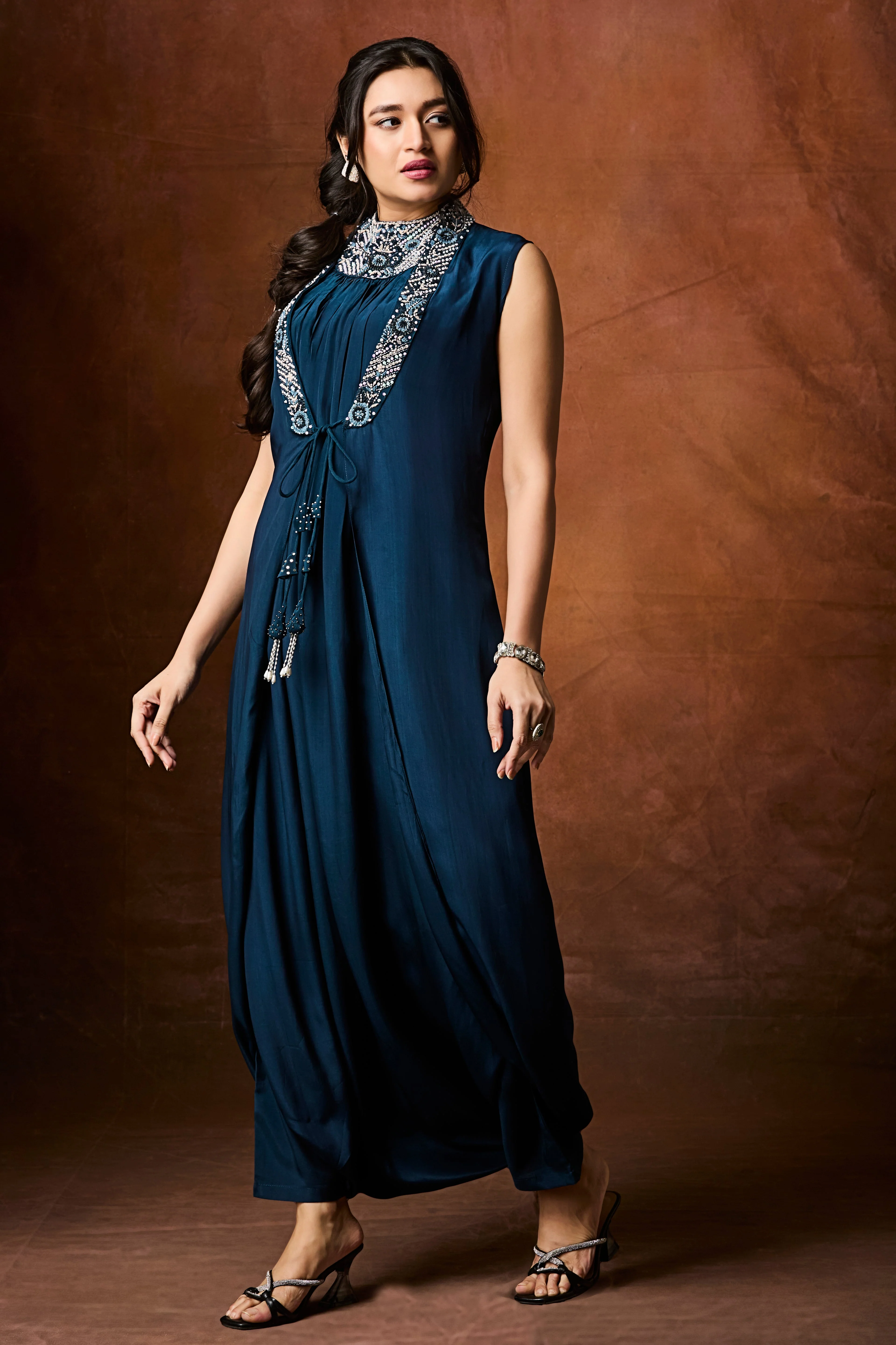 Midnight Teal Embellished Chinon Silk Cowl Dress - Image 4