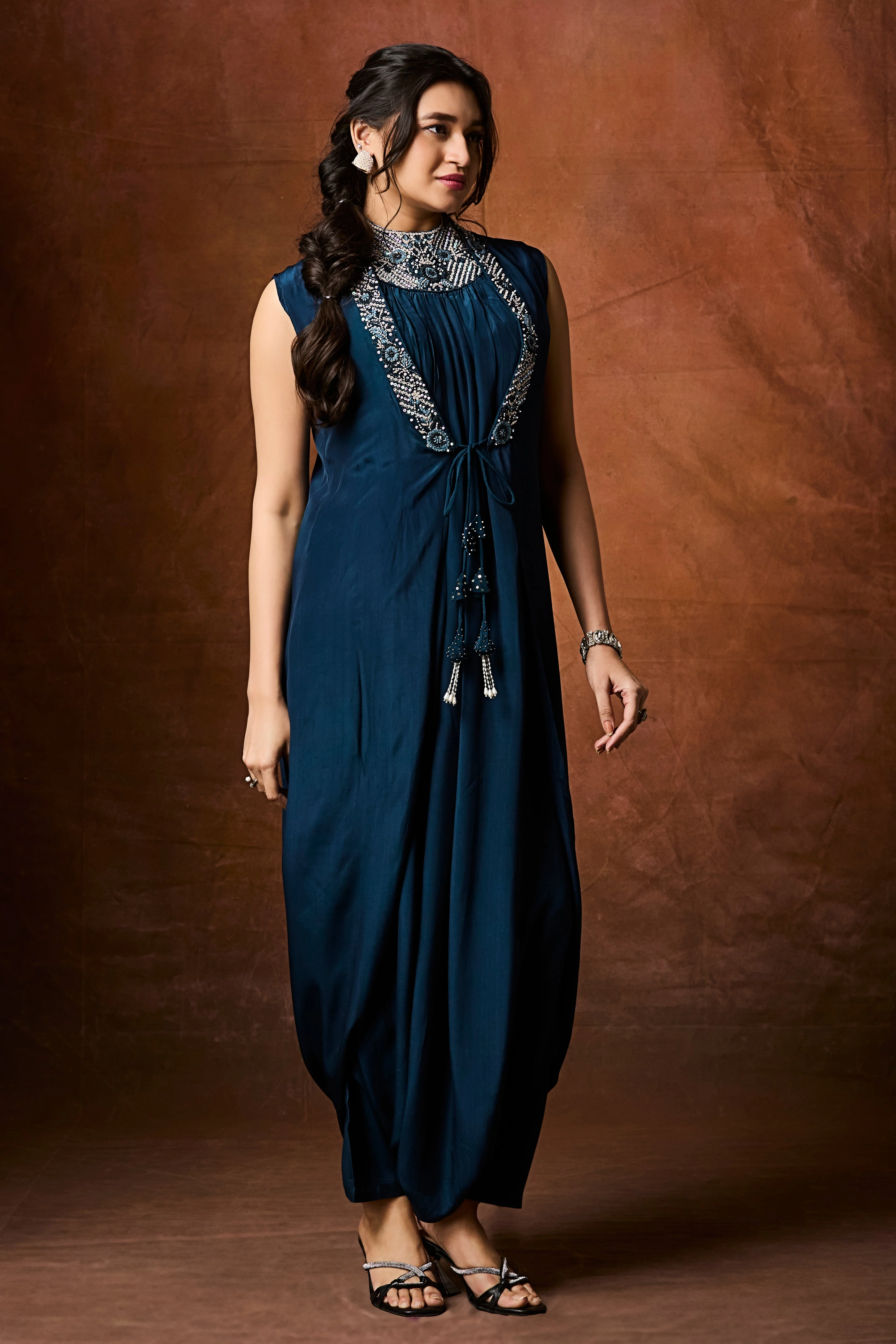 Midnight Teal Embellished Chinon Silk Cowl Dress - Image 5