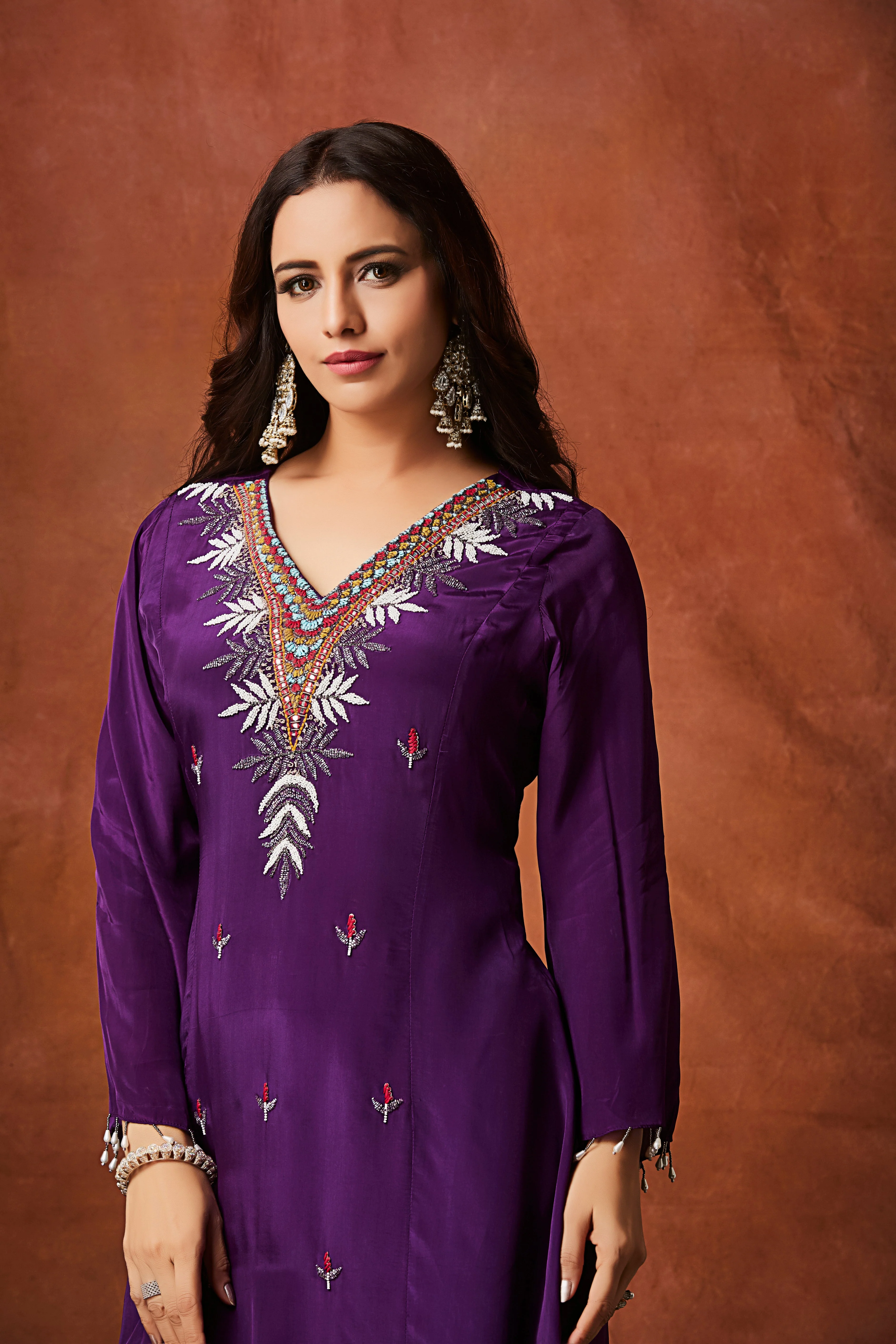 Deep Purple Embellished Chinon Silk Kurta Set - Image 2