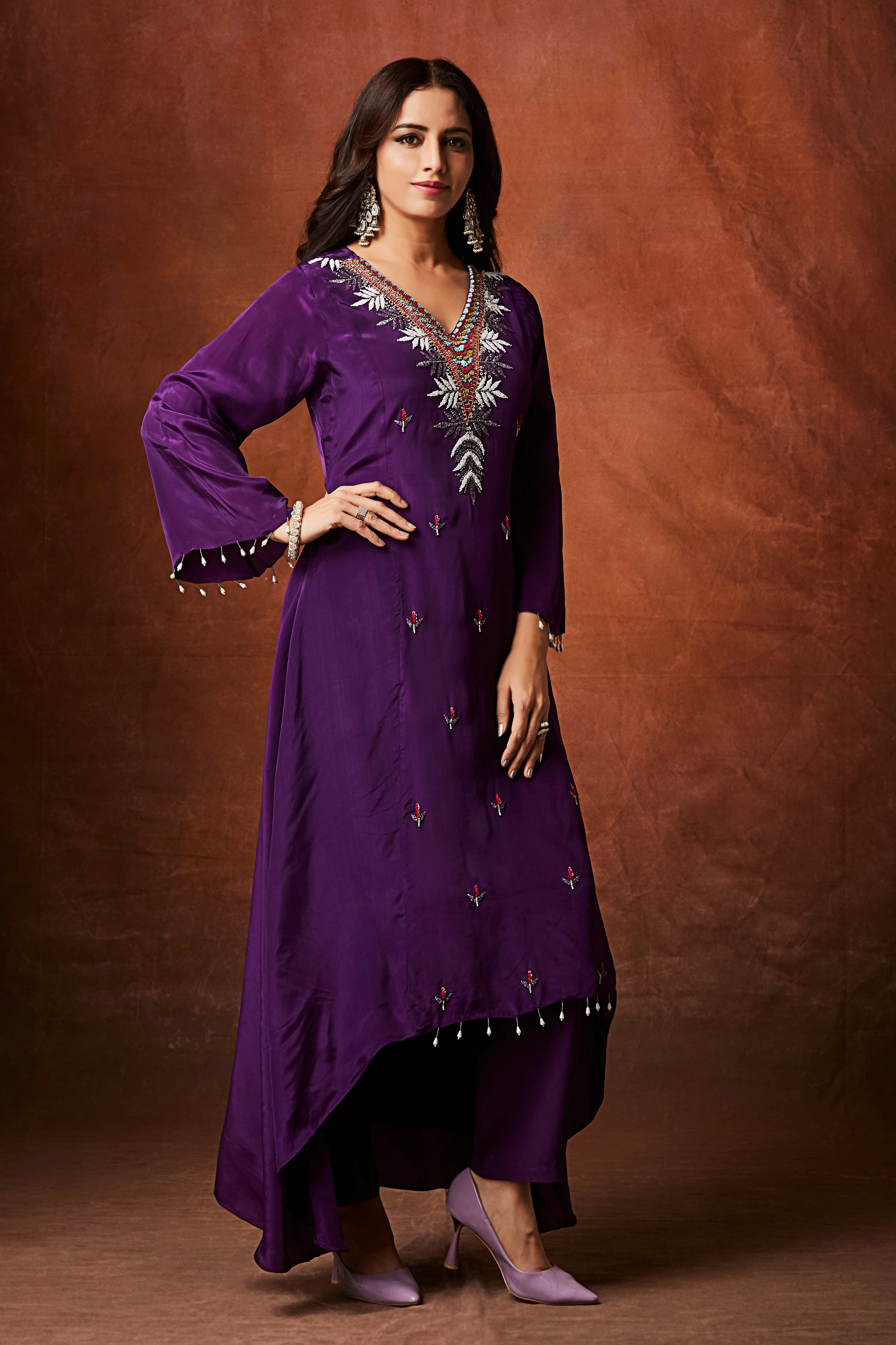 Deep Purple Embellished Chinon Silk Kurta Set - Image 4