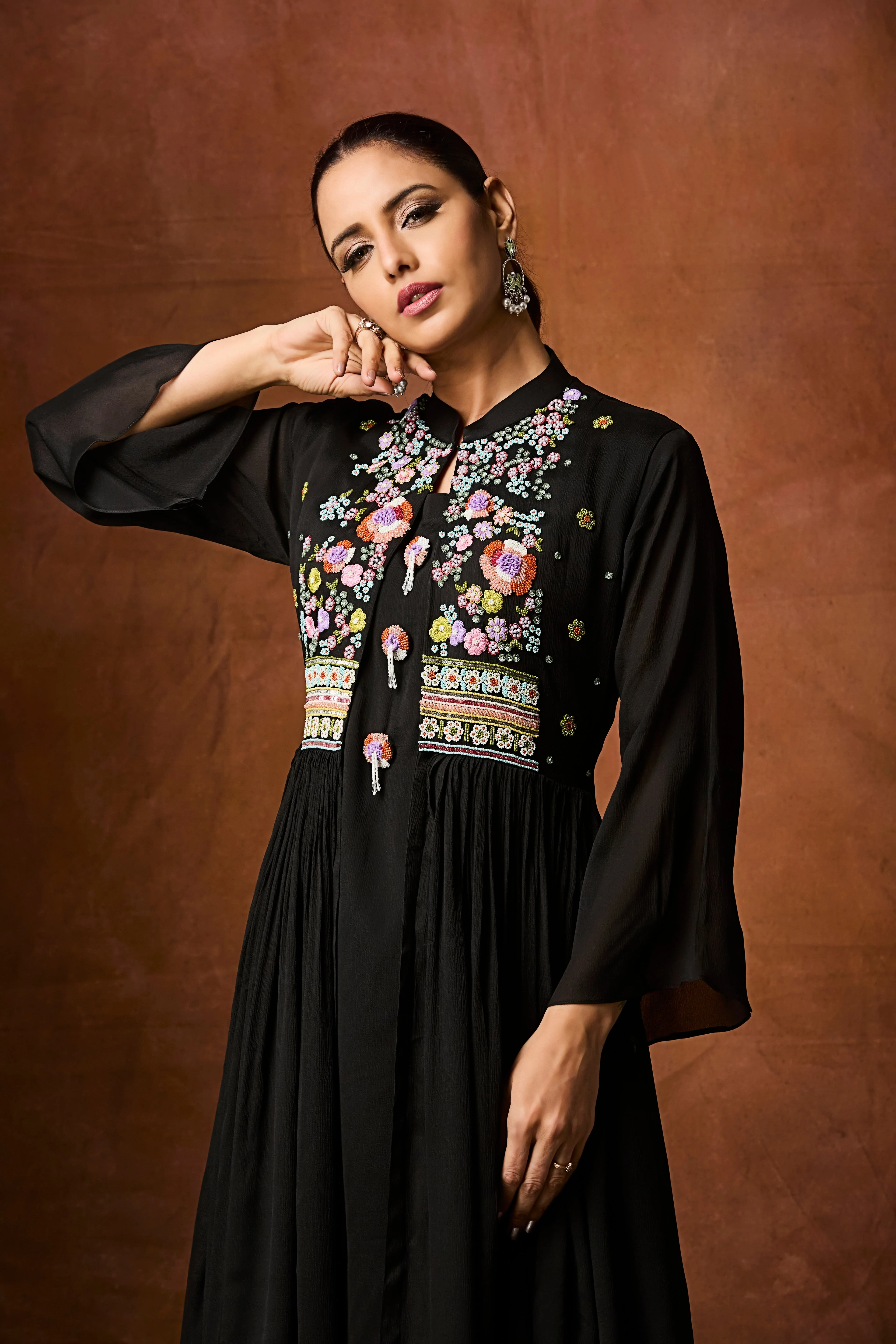 Jet Black Embellished Chinon Silk Anarkali Set - Image 2