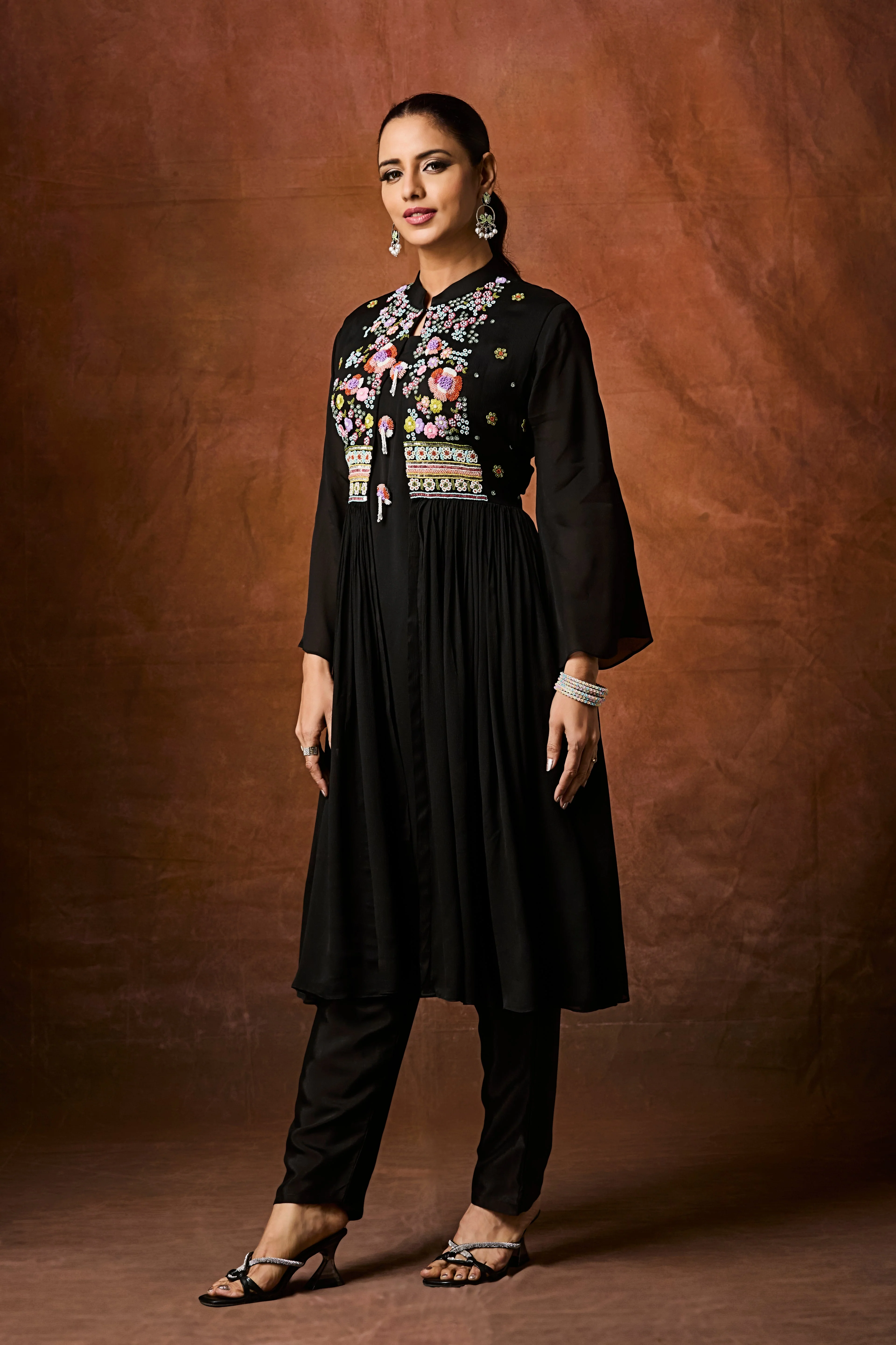 Jet Black Embellished Chinon Silk Anarkali Set - Image 3
