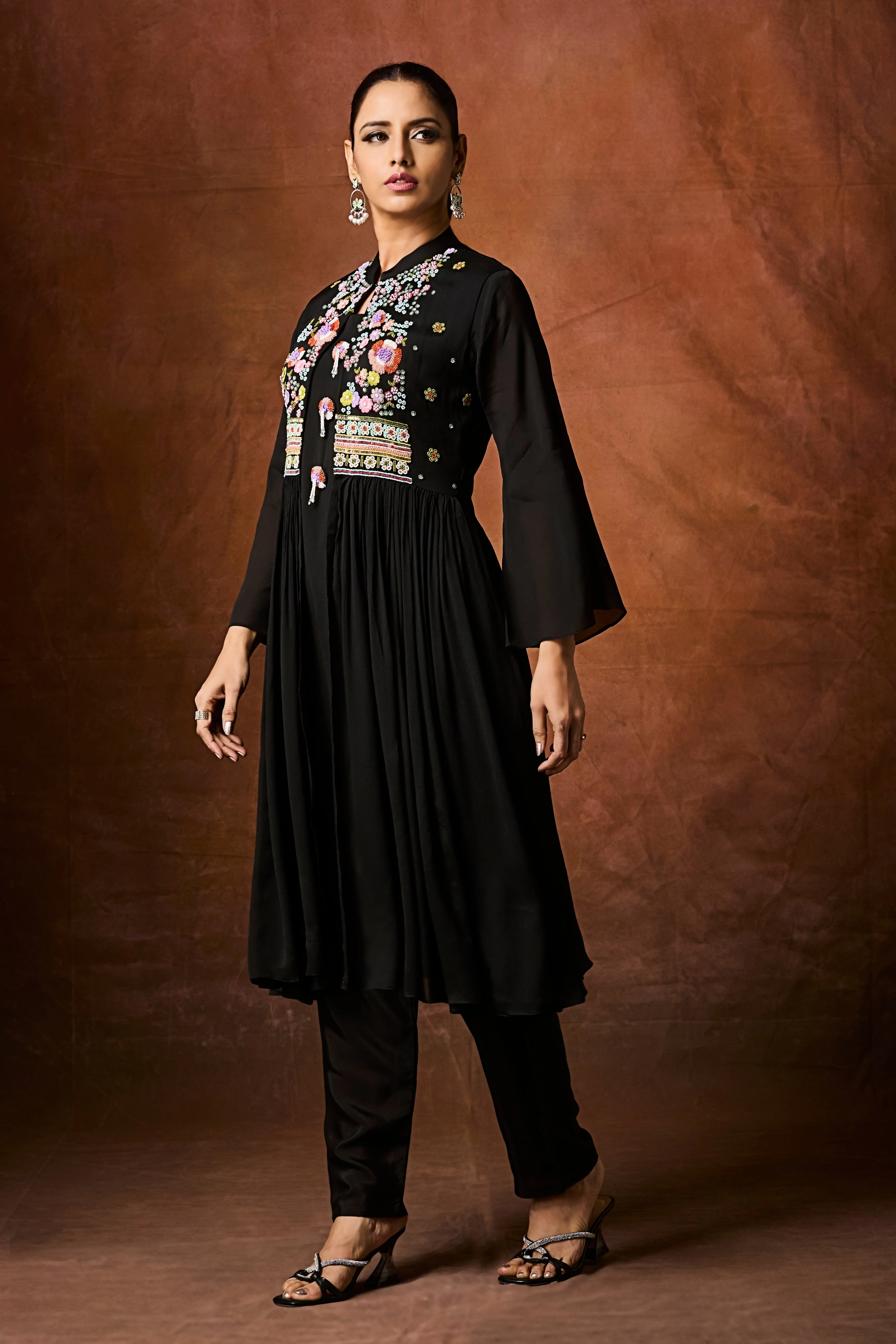 Jet Black Embellished Chinon Silk Anarkali Set - Image 4