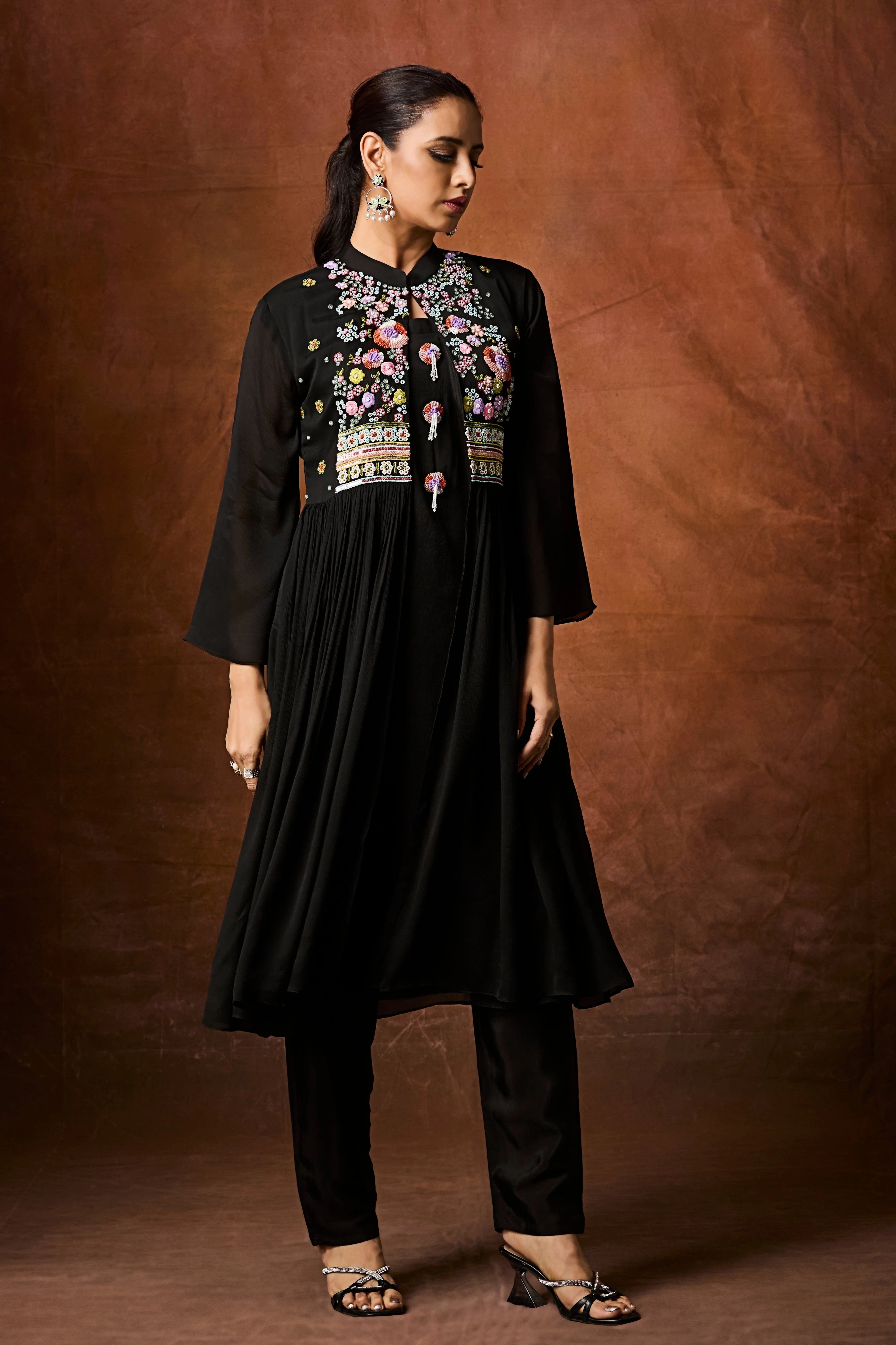 Jet Black Embellished Chinon Silk Anarkali Set - Image 5