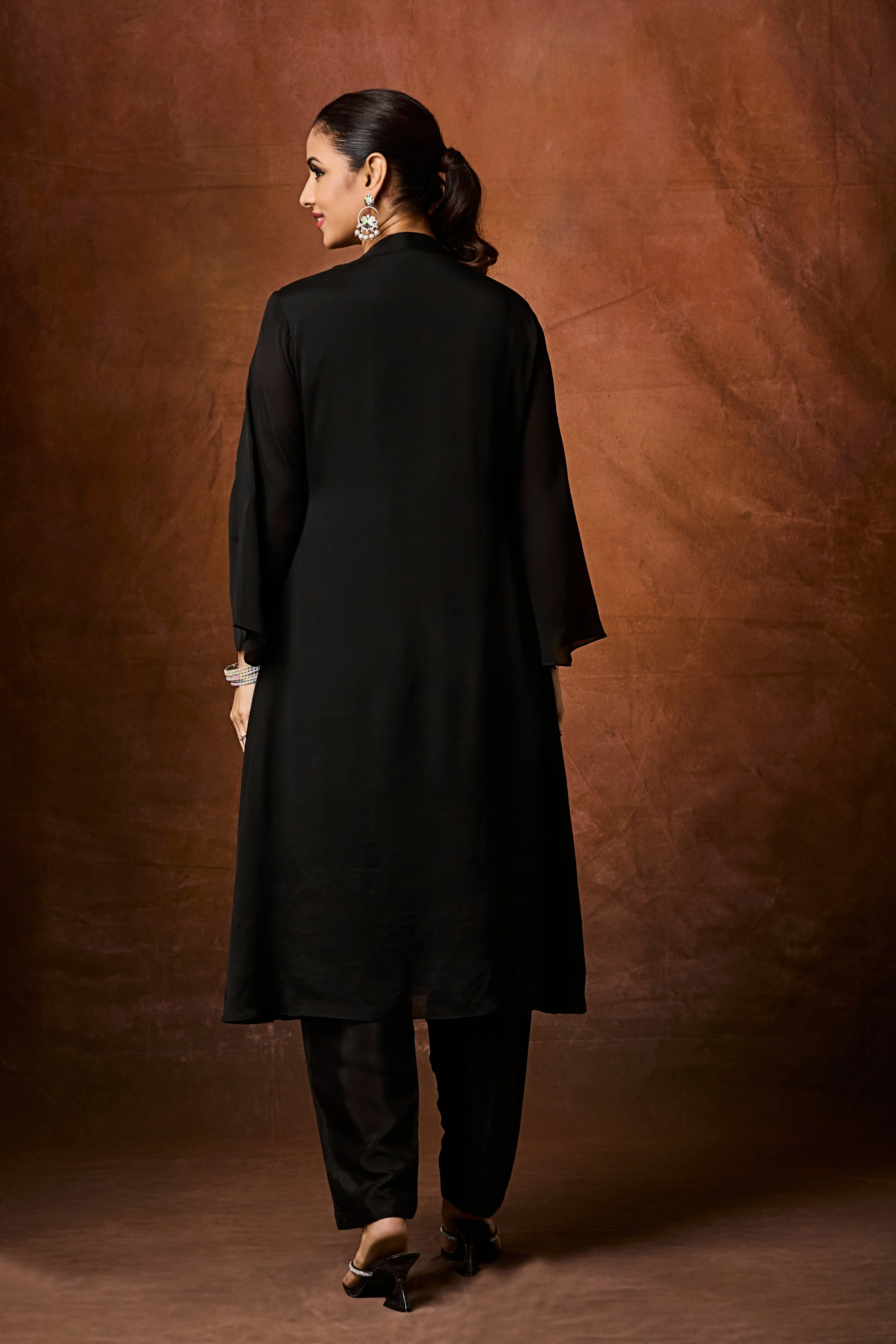 Jet Black Embellished Chinon Silk Anarkali Set - Image 6