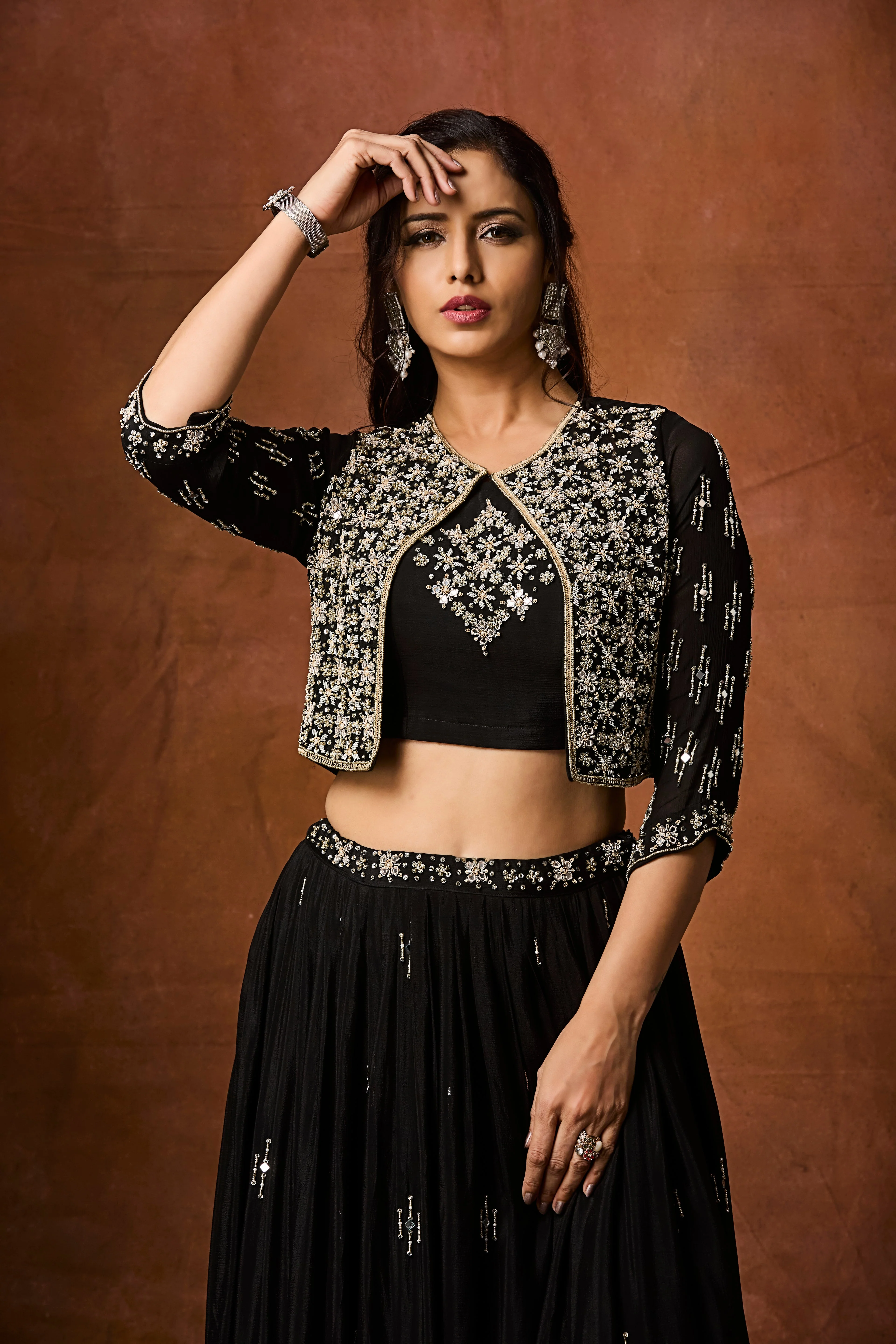 Jet Black Embellished Chinon Silk Skirt Set - Image 2