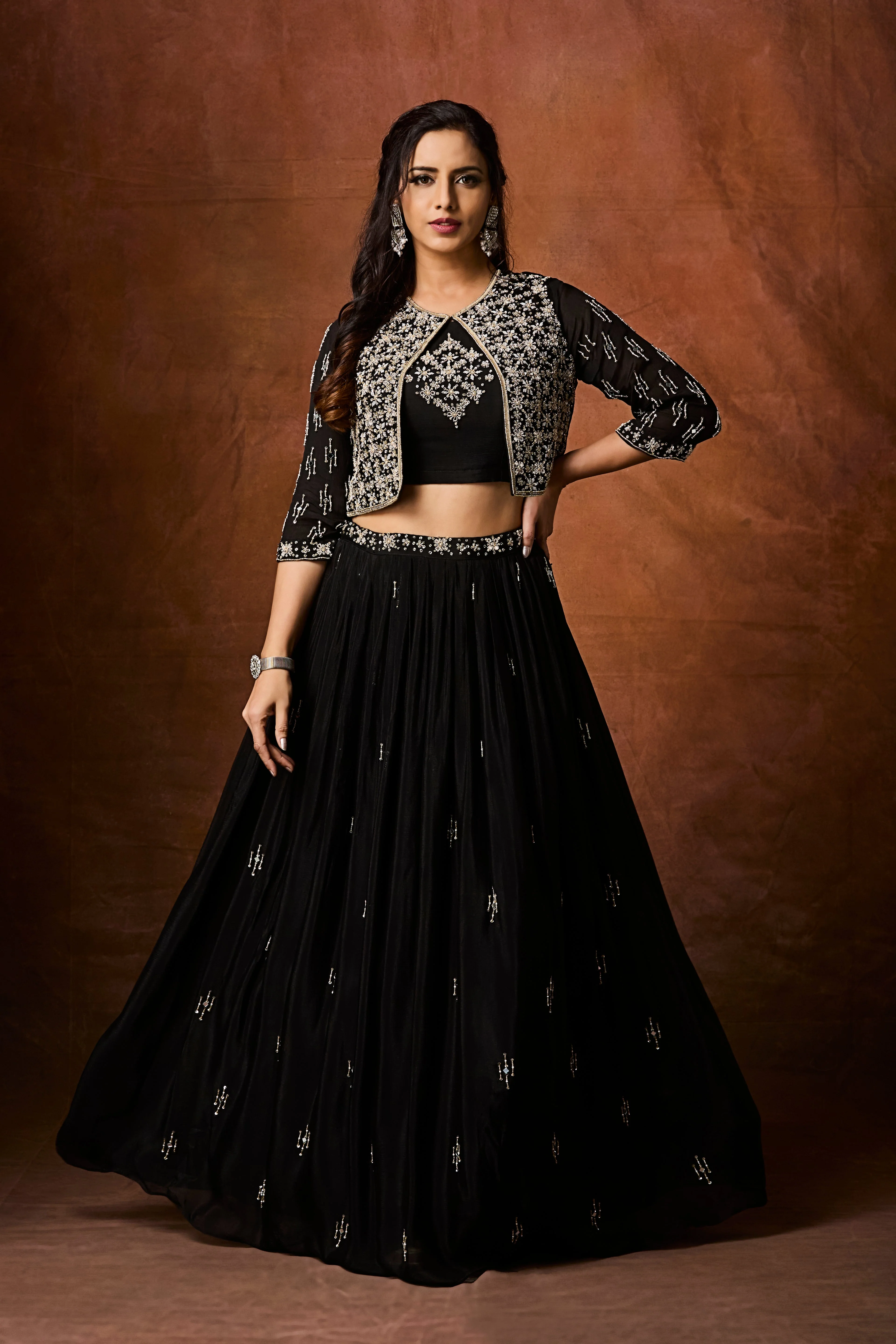 Jet Black Embellished Chinon Silk Skirt Set - Image 3