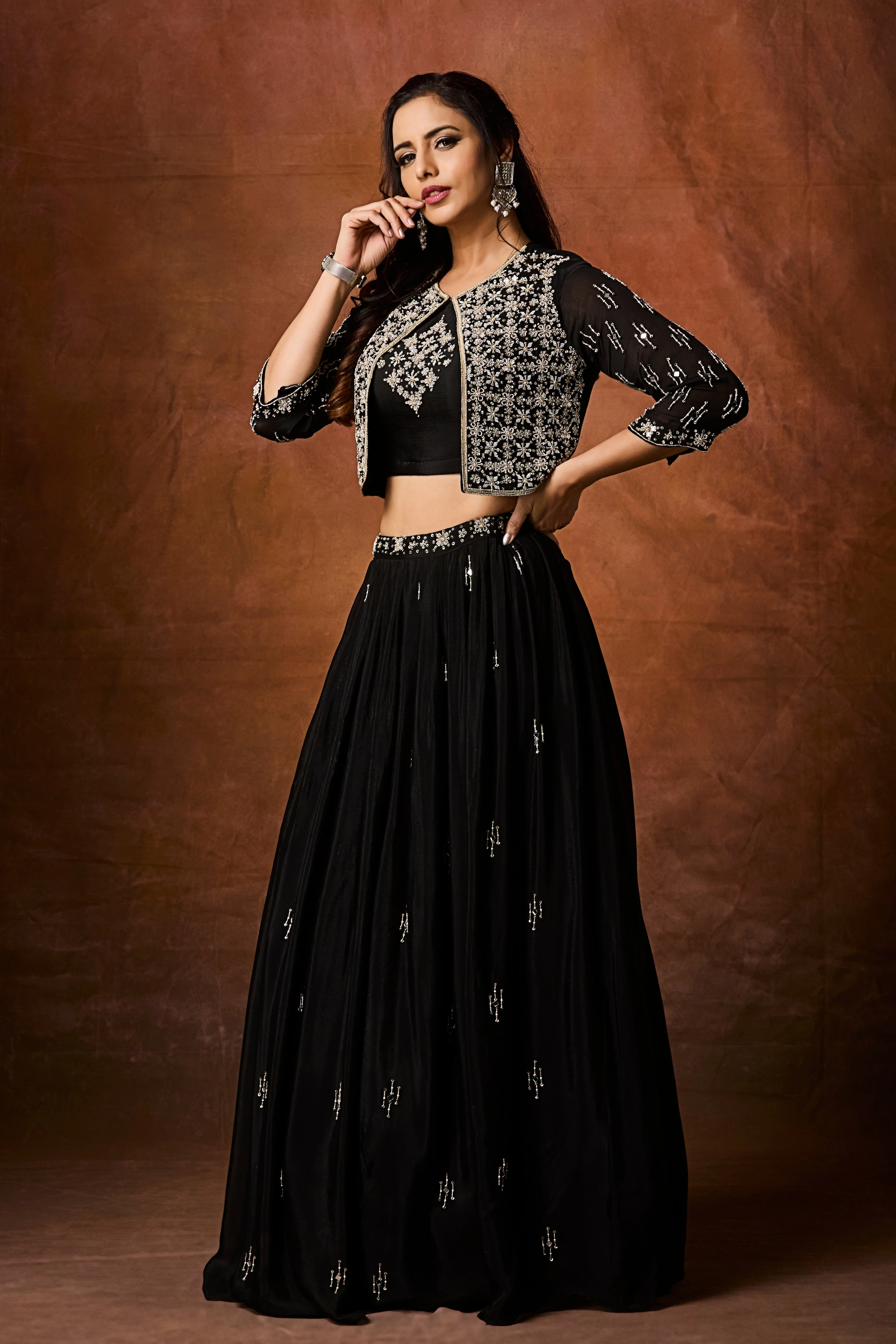 Jet Black Embellished Chinon Silk Skirt Set - Image 4