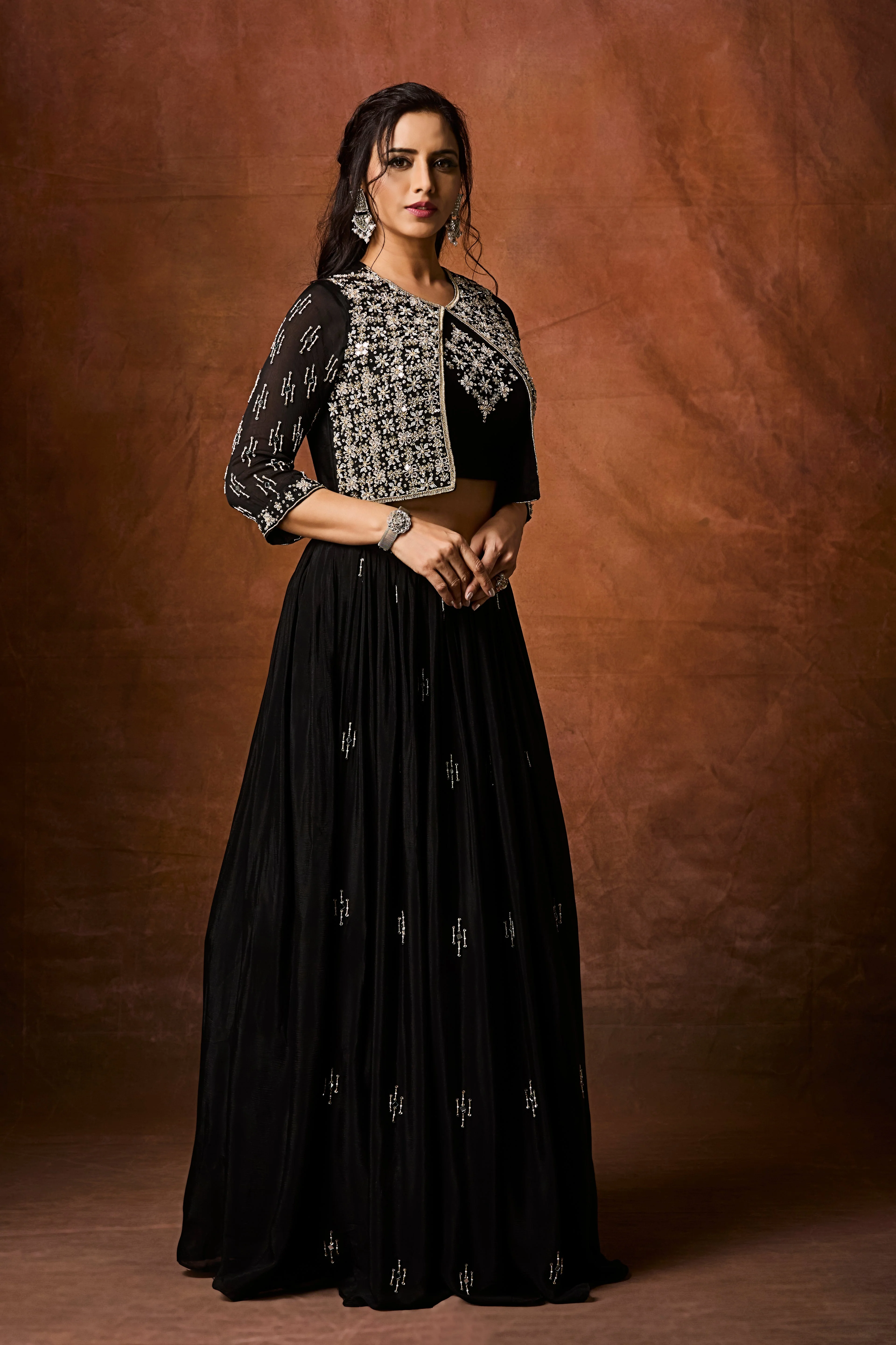 Jet Black Embellished Chinon Silk Skirt Set - Image 5