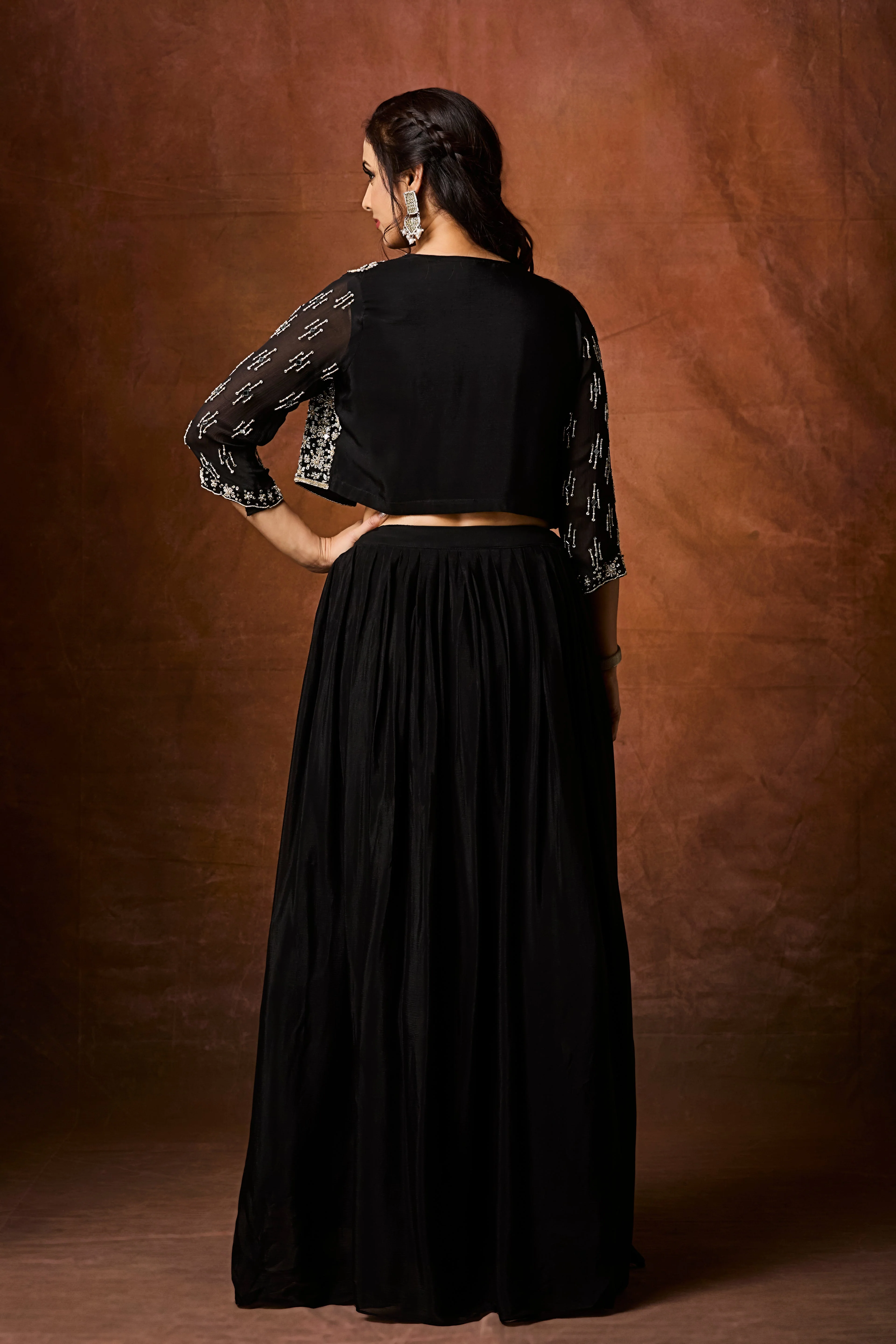 Jet Black Embellished Chinon Silk Skirt Set - Image 6