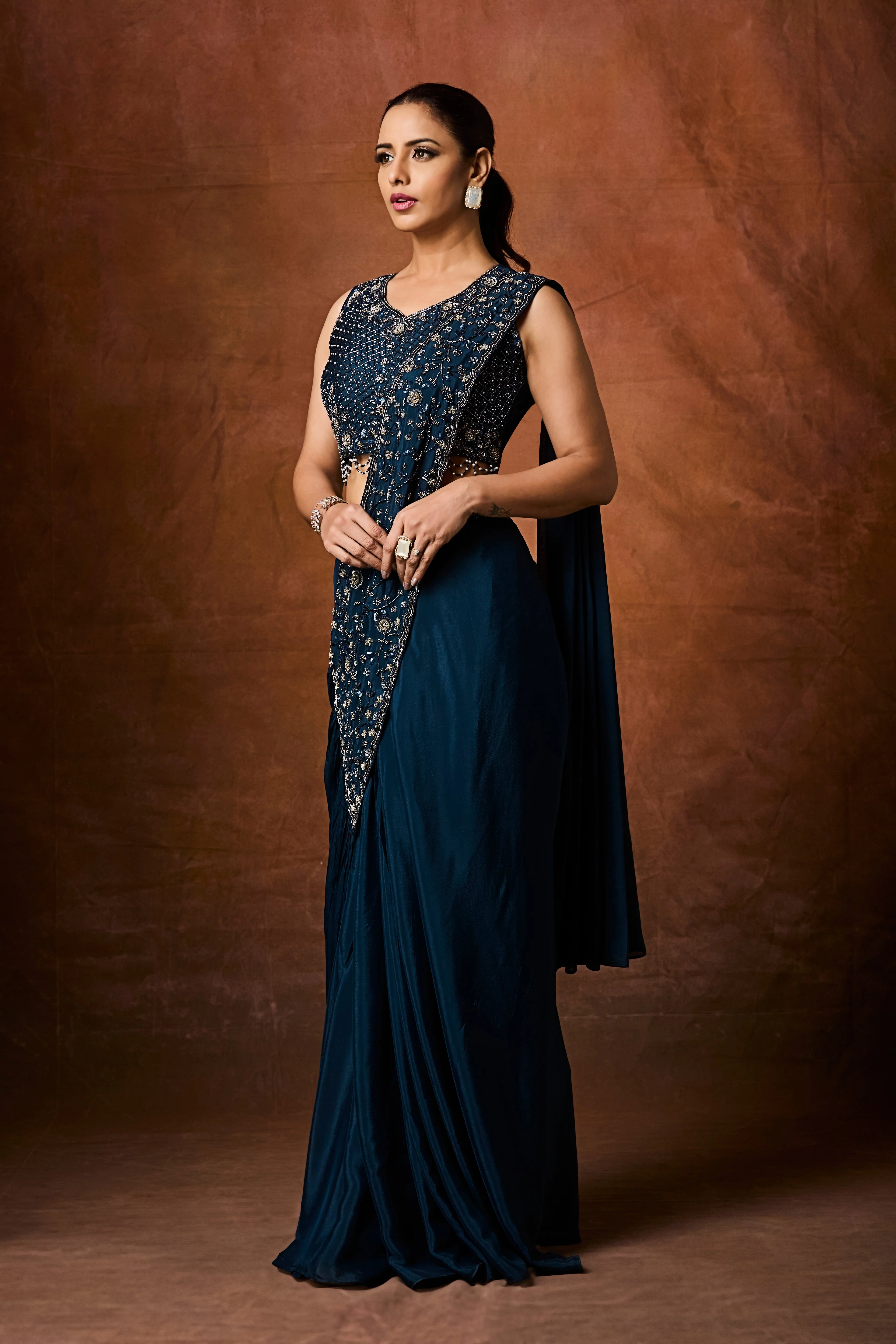 Navy Teal Embellished Crepe Silk Drape Saree - Image 3