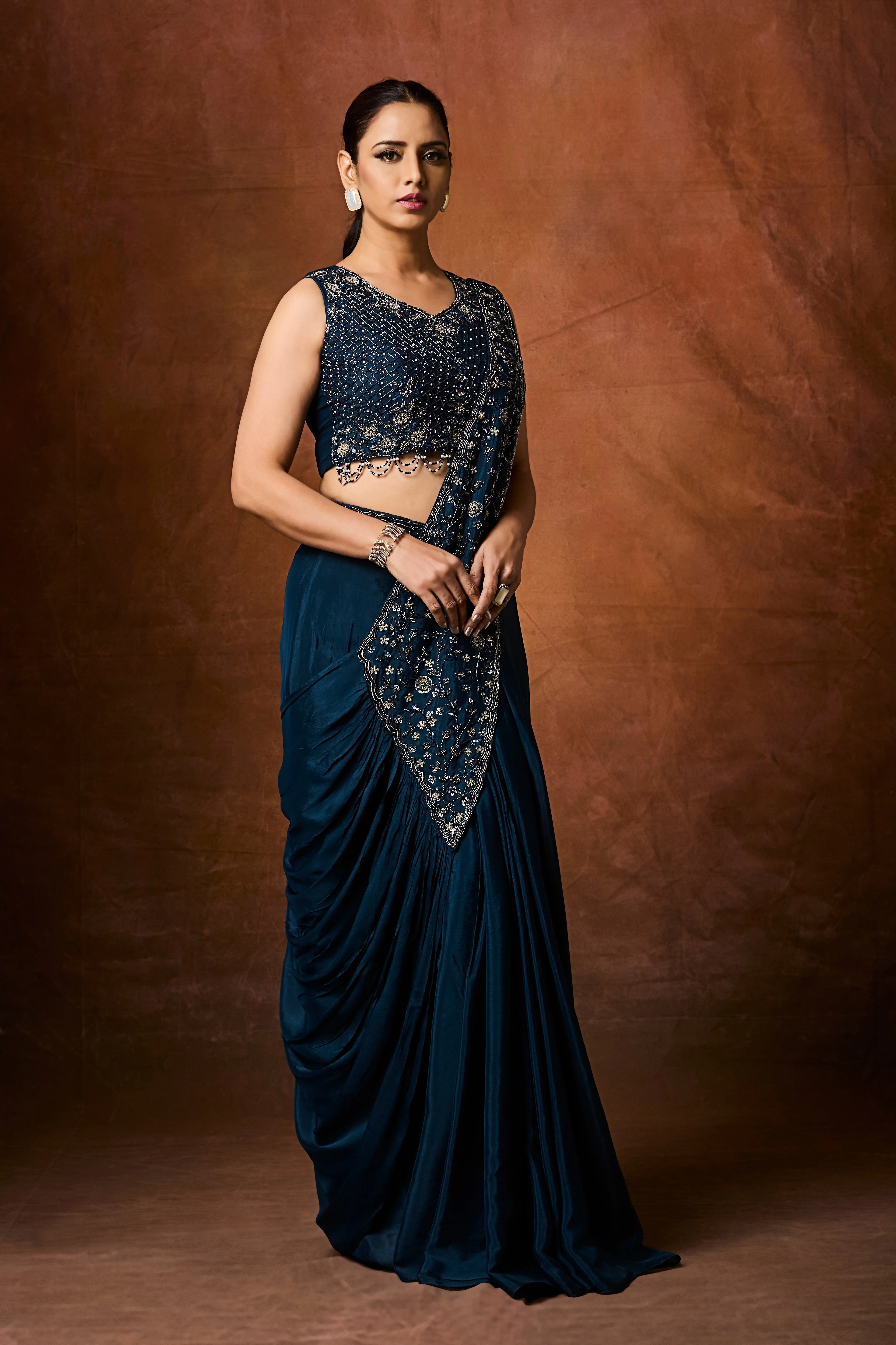 Navy Teal Embellished Crepe Silk Drape Saree - Image 4