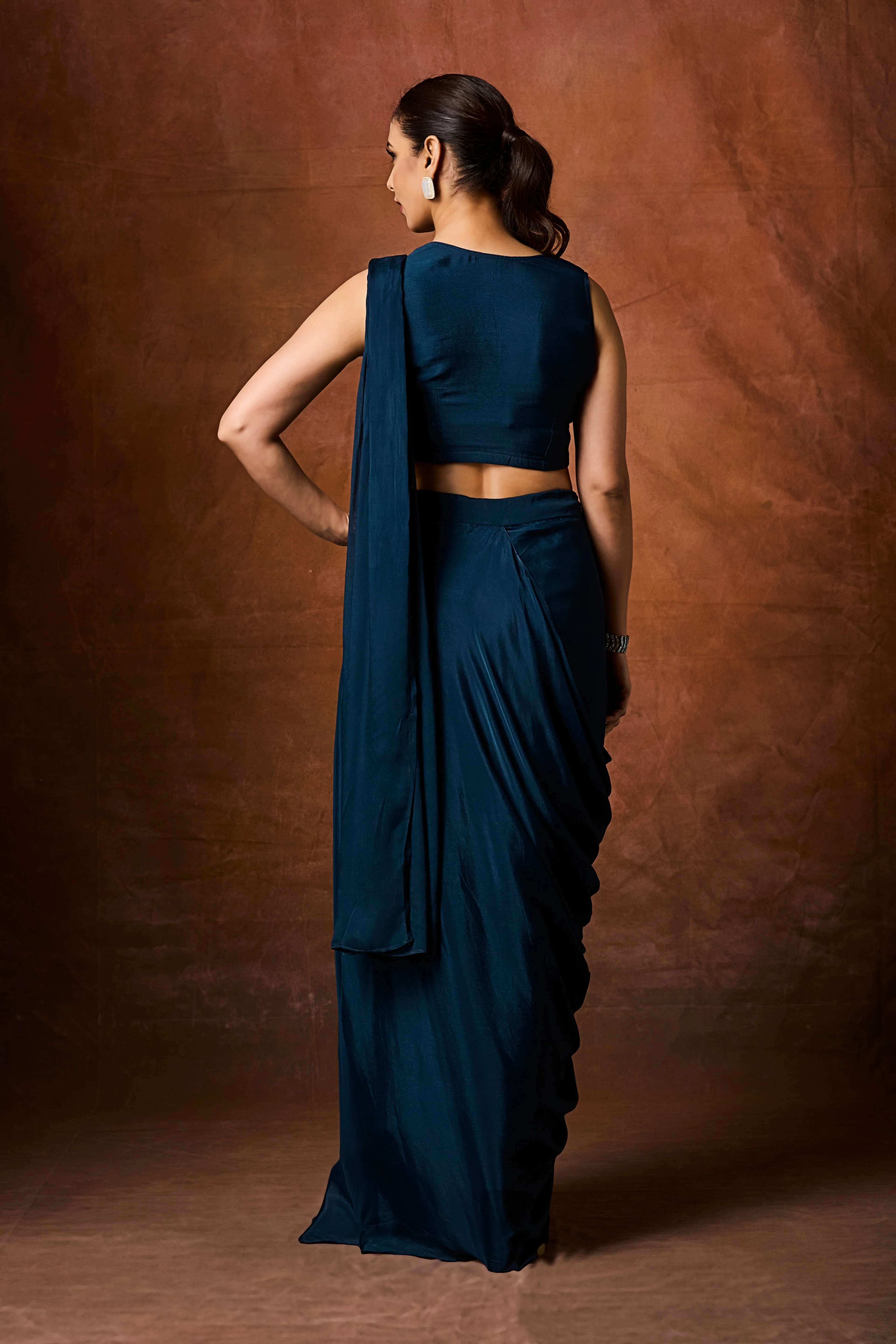 Navy Teal Embellished Crepe Silk Drape Saree - Image 5