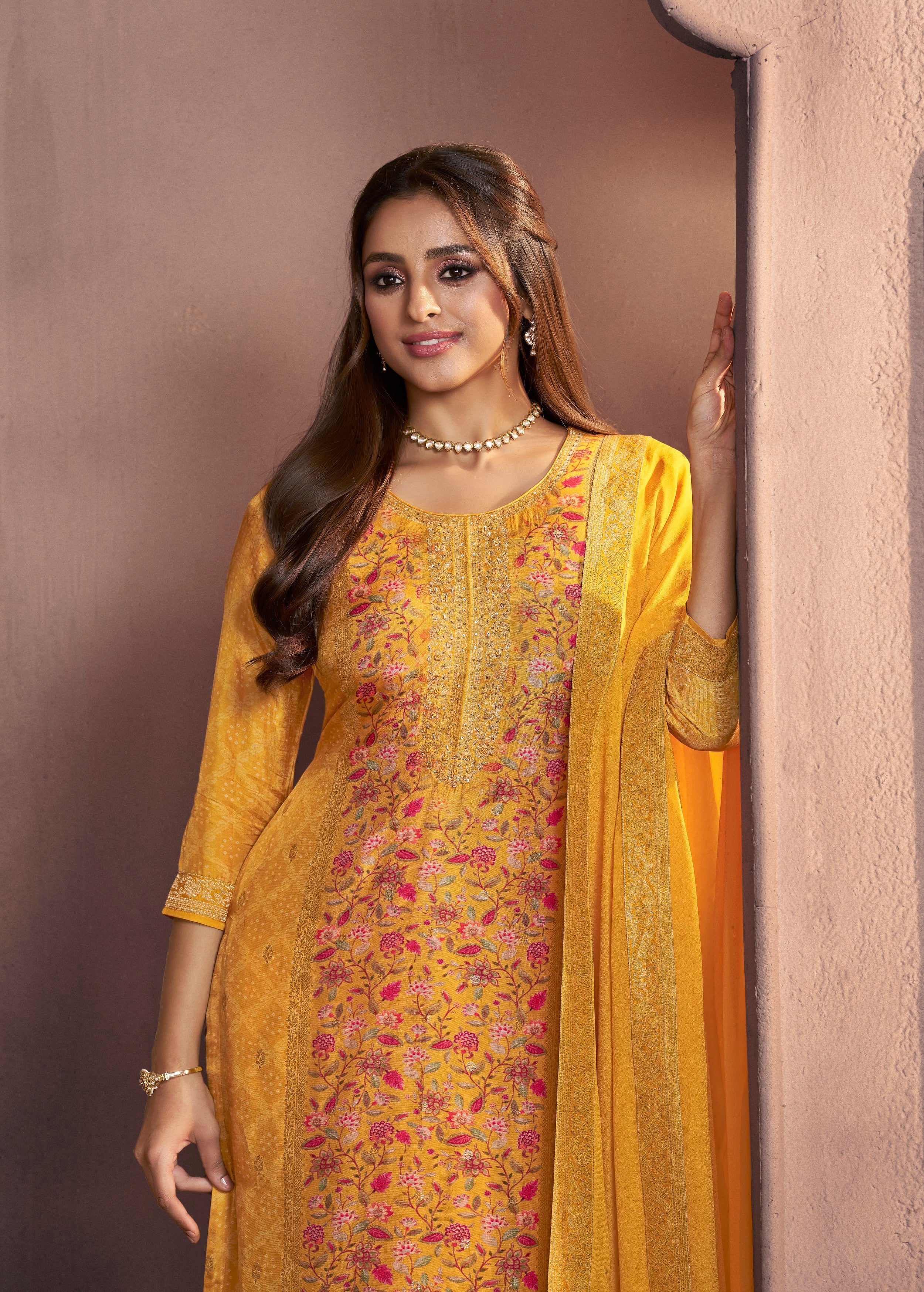 Turmeric Yellow Printed Dola Silk Pant Set - Image 2