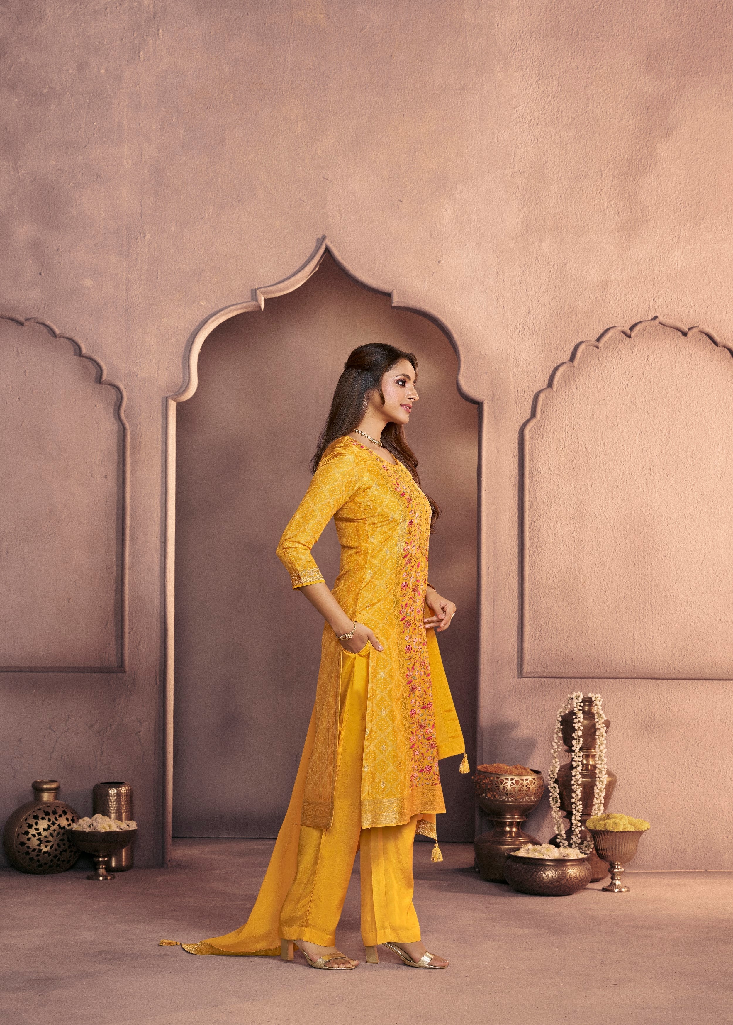 Turmeric Yellow Printed Dola Silk Pant Set - Image 3