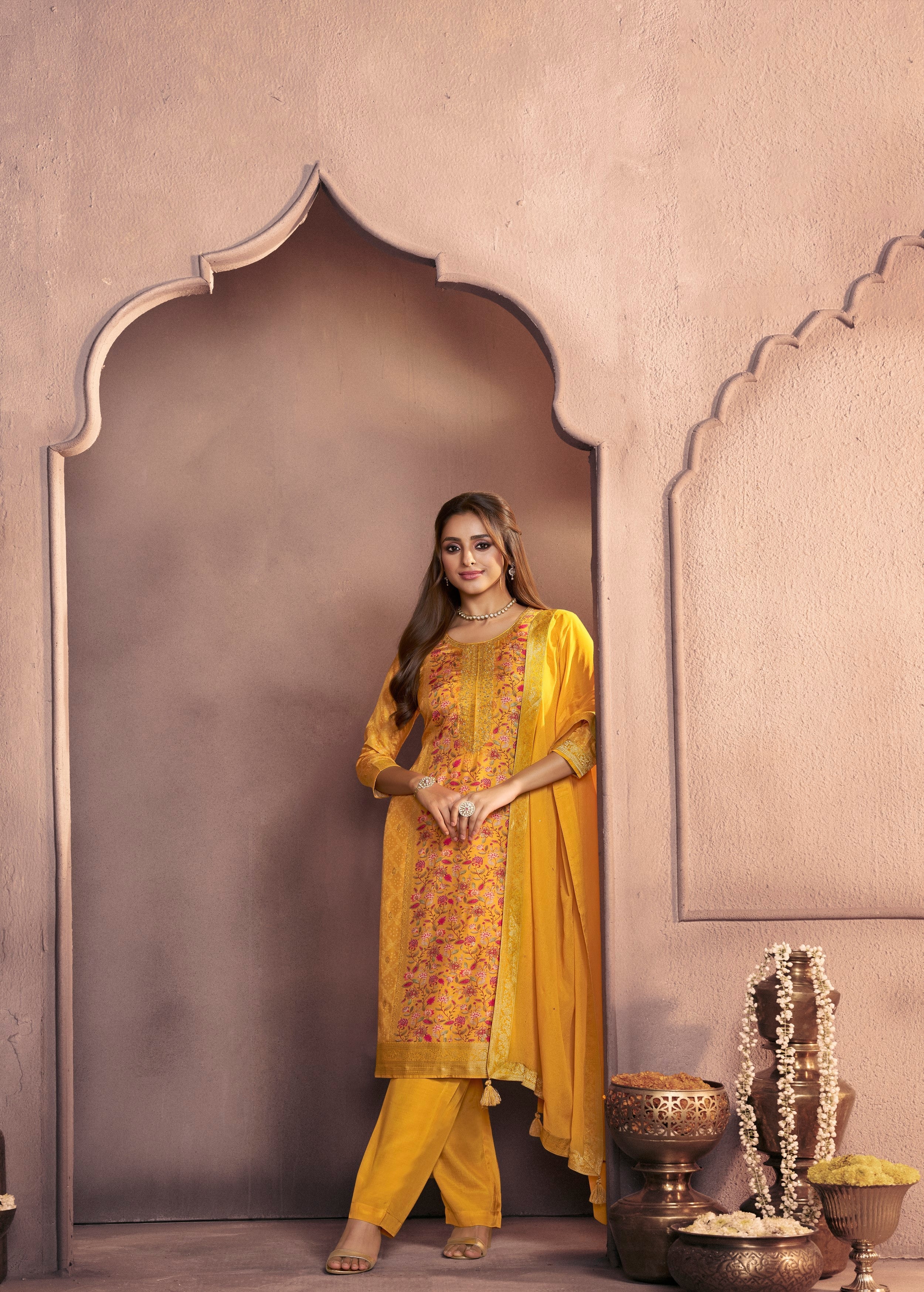 Turmeric Yellow Printed Dola Silk Pant Set - Image 4