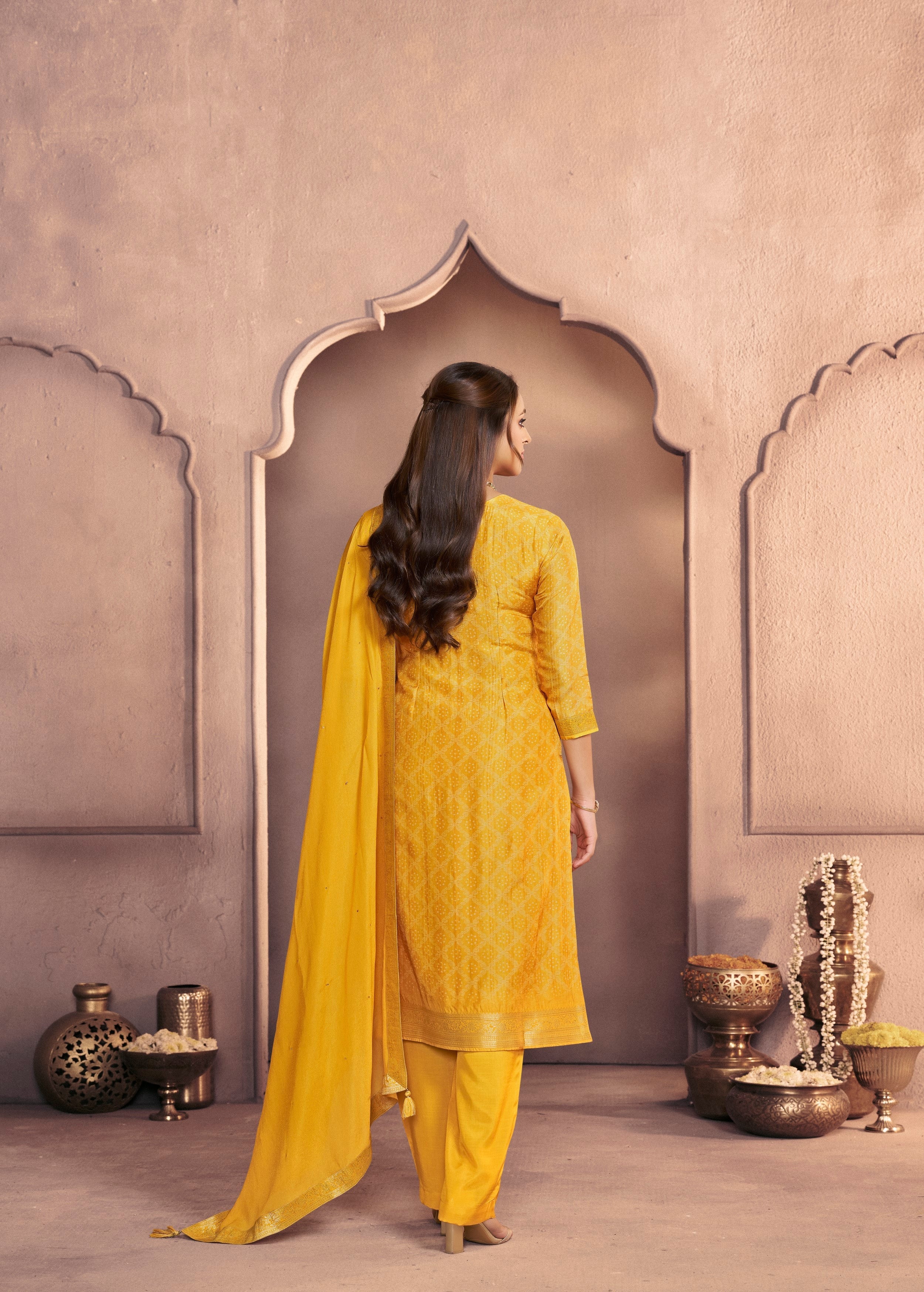Turmeric Yellow Printed Dola Silk Pant Set - Image 5