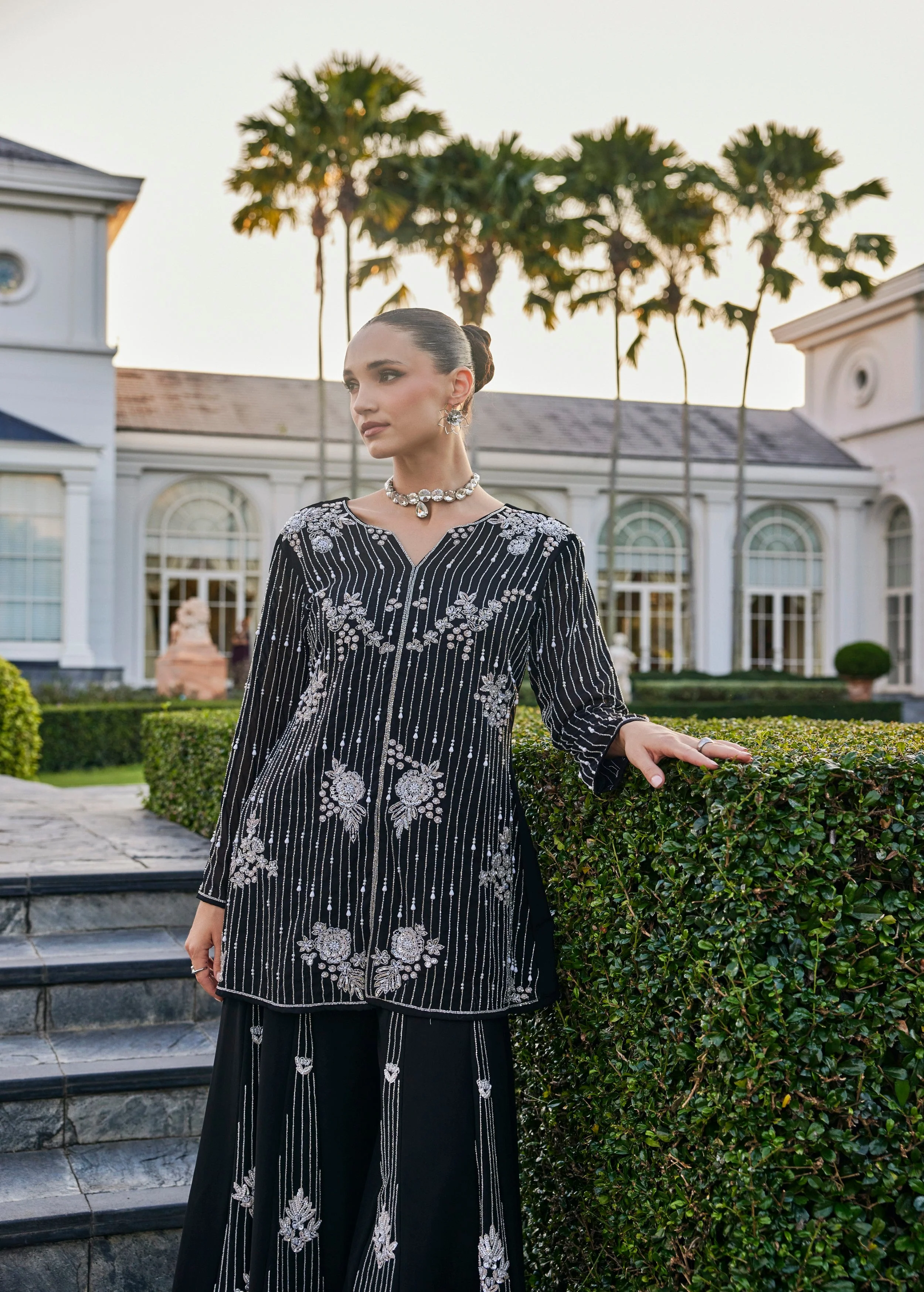 Midnight Black Embellished Georgette Silk Palazzo Set - Image 2