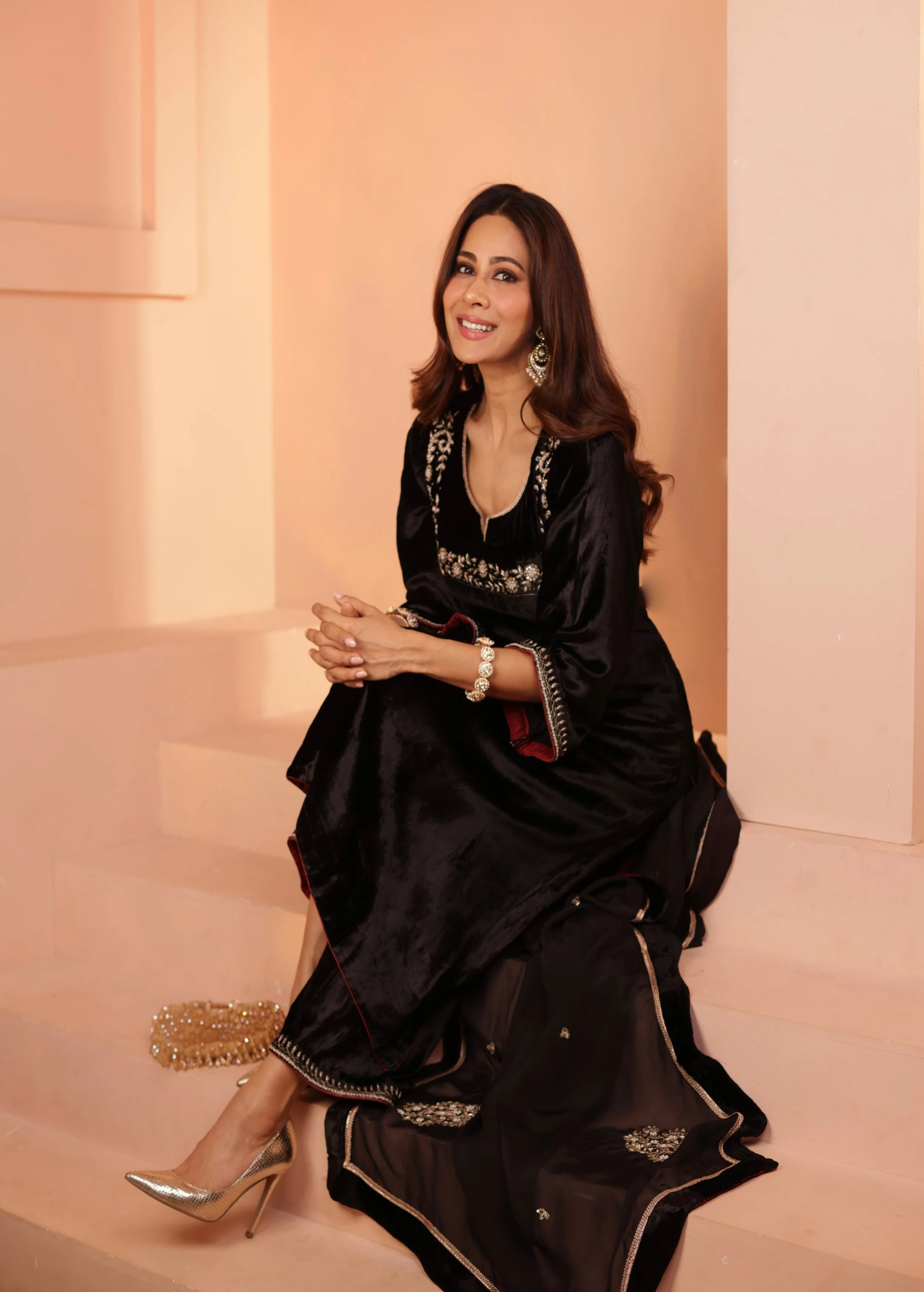 Jet Black Embellished Premium Velvet Pant Set - Image 2