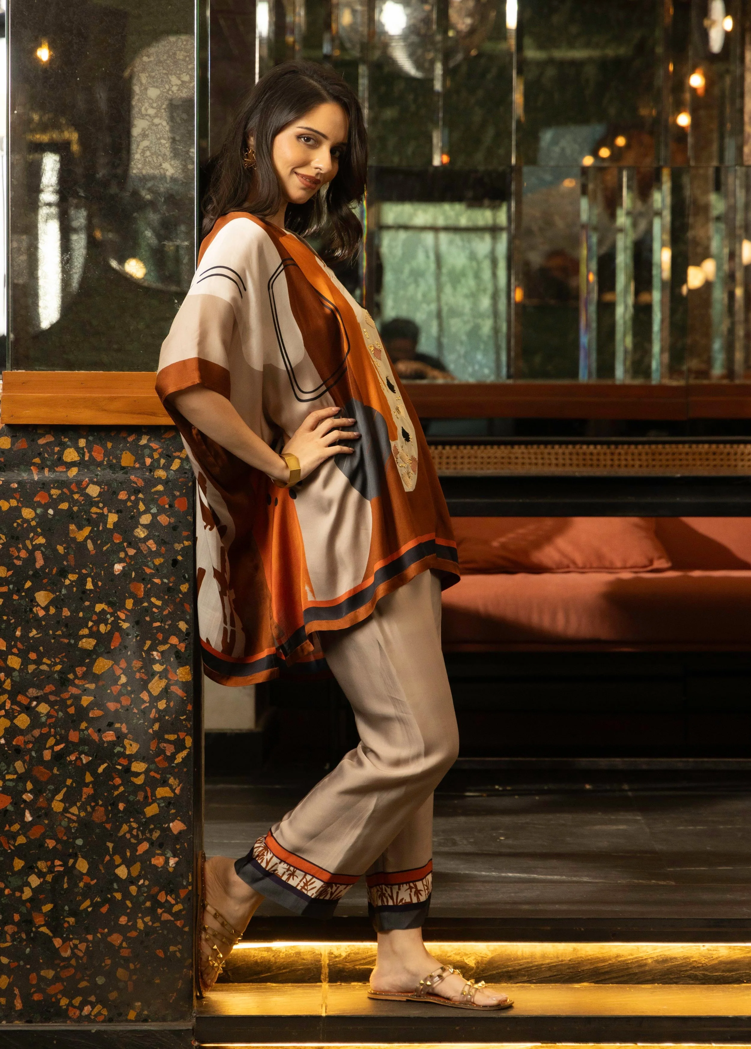 Rust Orange Abstract Print Satin Silk Kaftan Set - Image 3