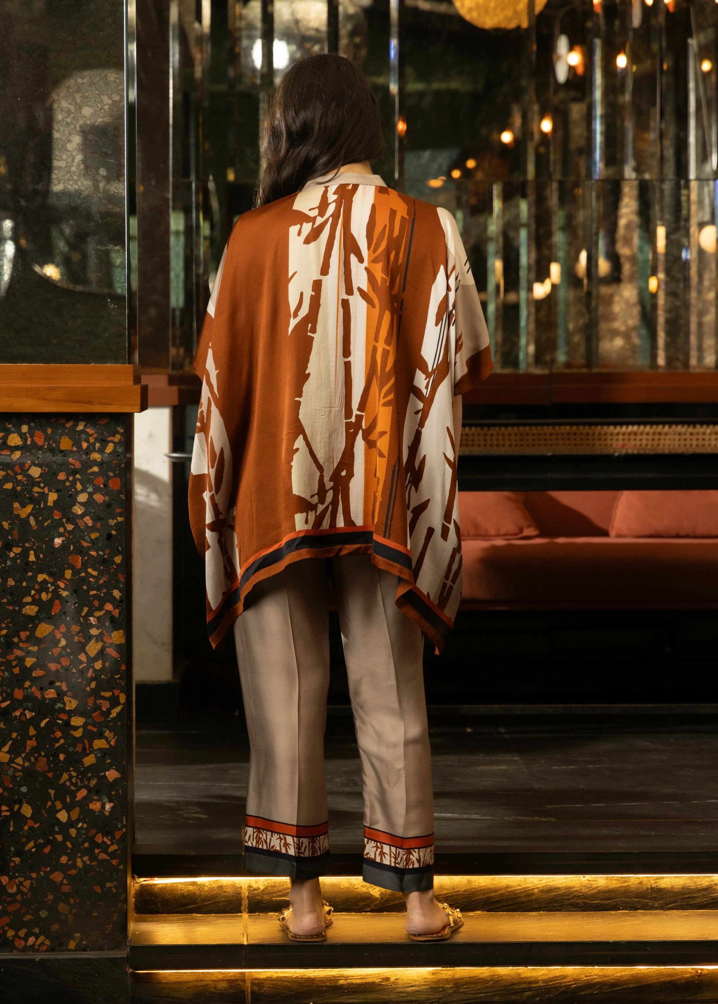Rust Orange Abstract Print Satin Silk Kaftan Set - Image 4