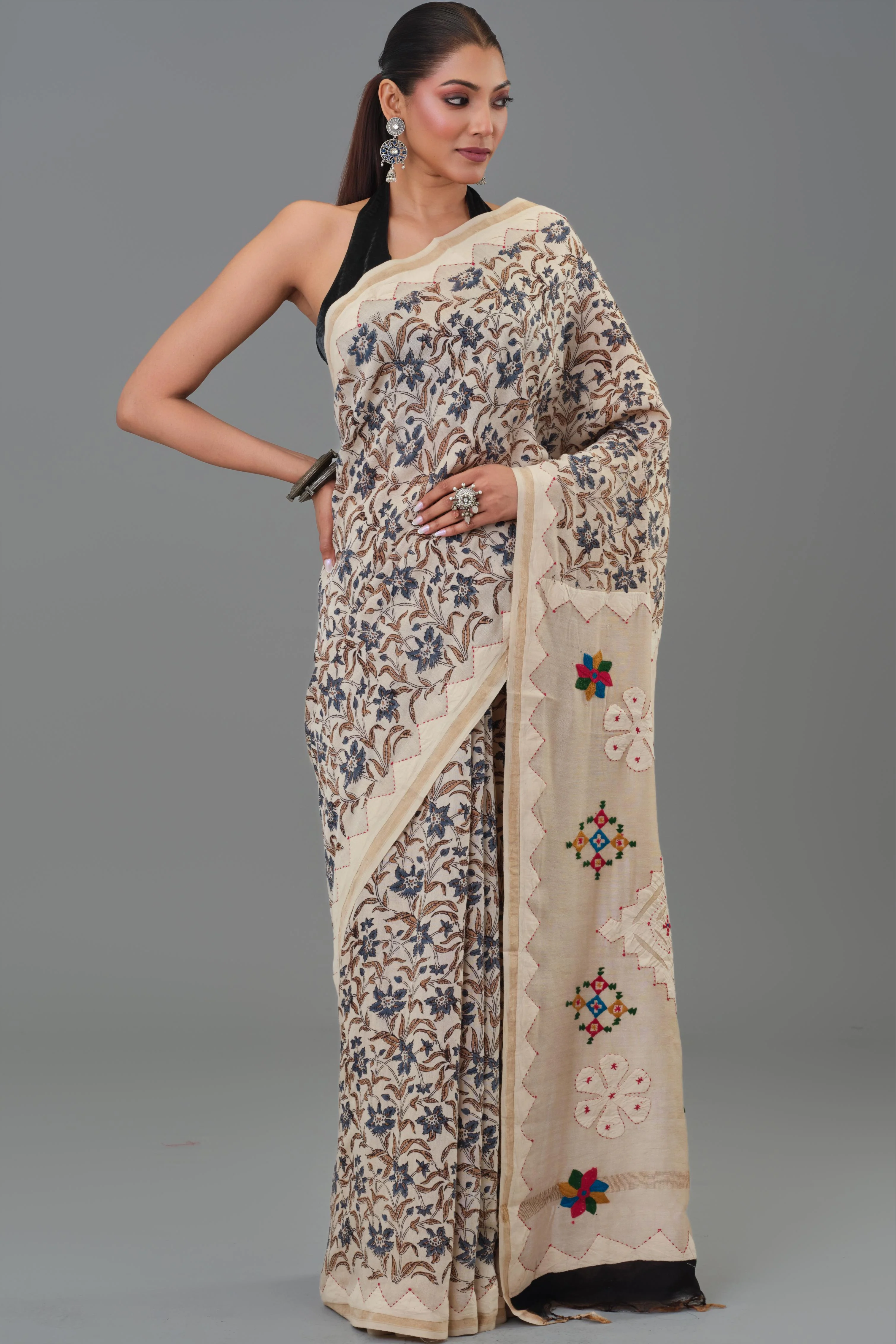 Beige Kantha Handwork Chanderi Silk Saree - Image 5