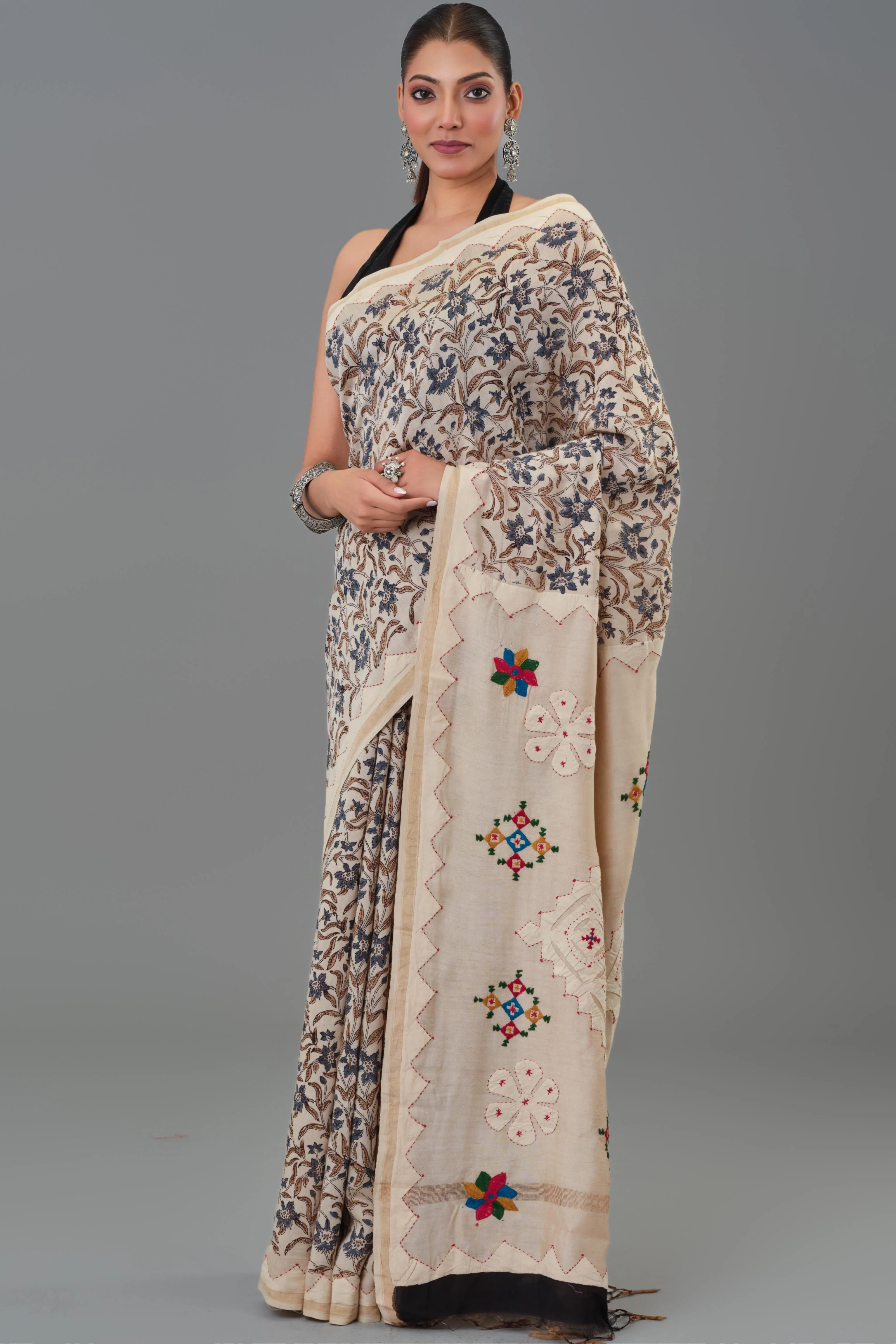 Beige Kantha Handwork Chanderi Silk Saree - Image 6
