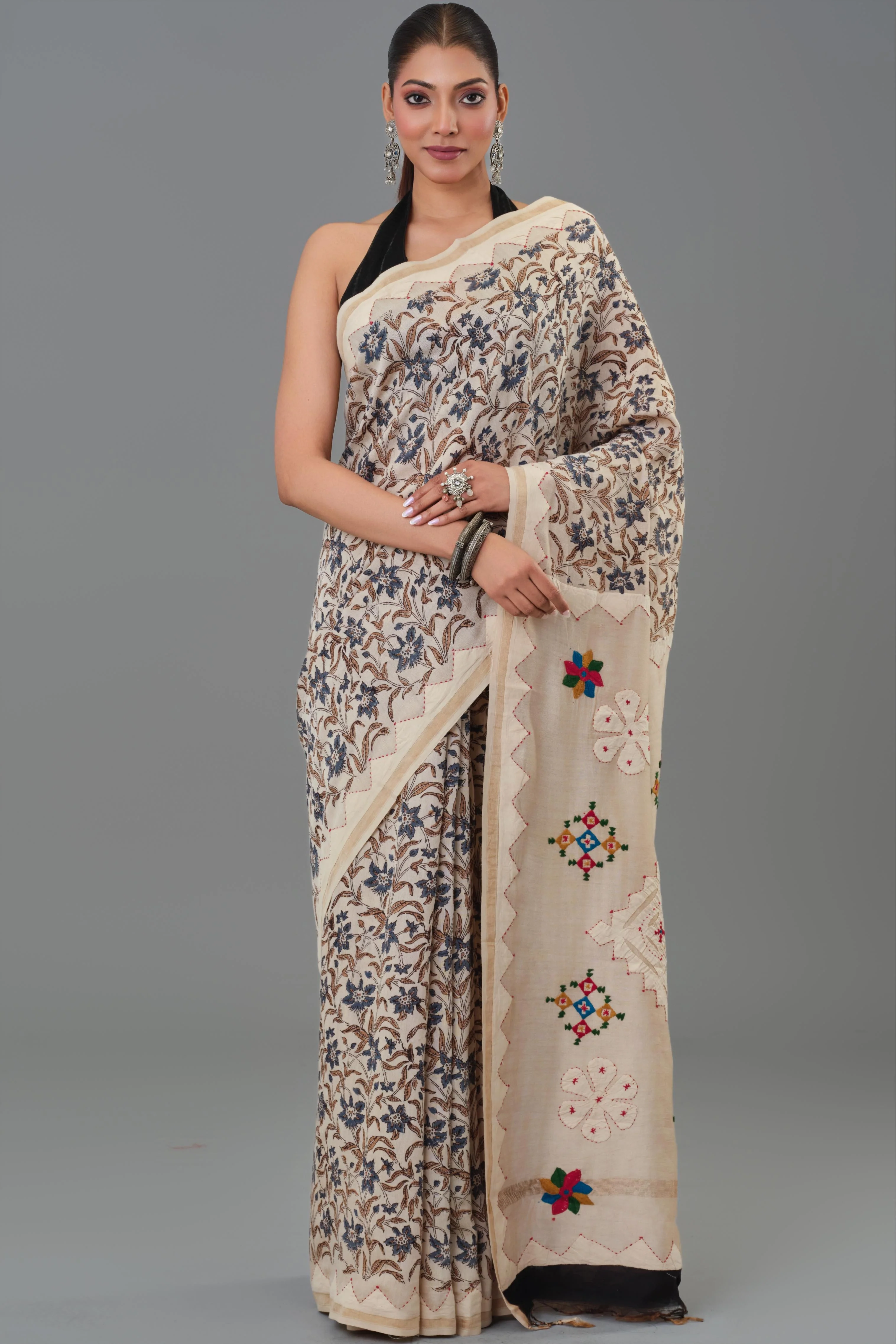 Beige Kantha Handwork Chanderi Silk Saree - Image 7