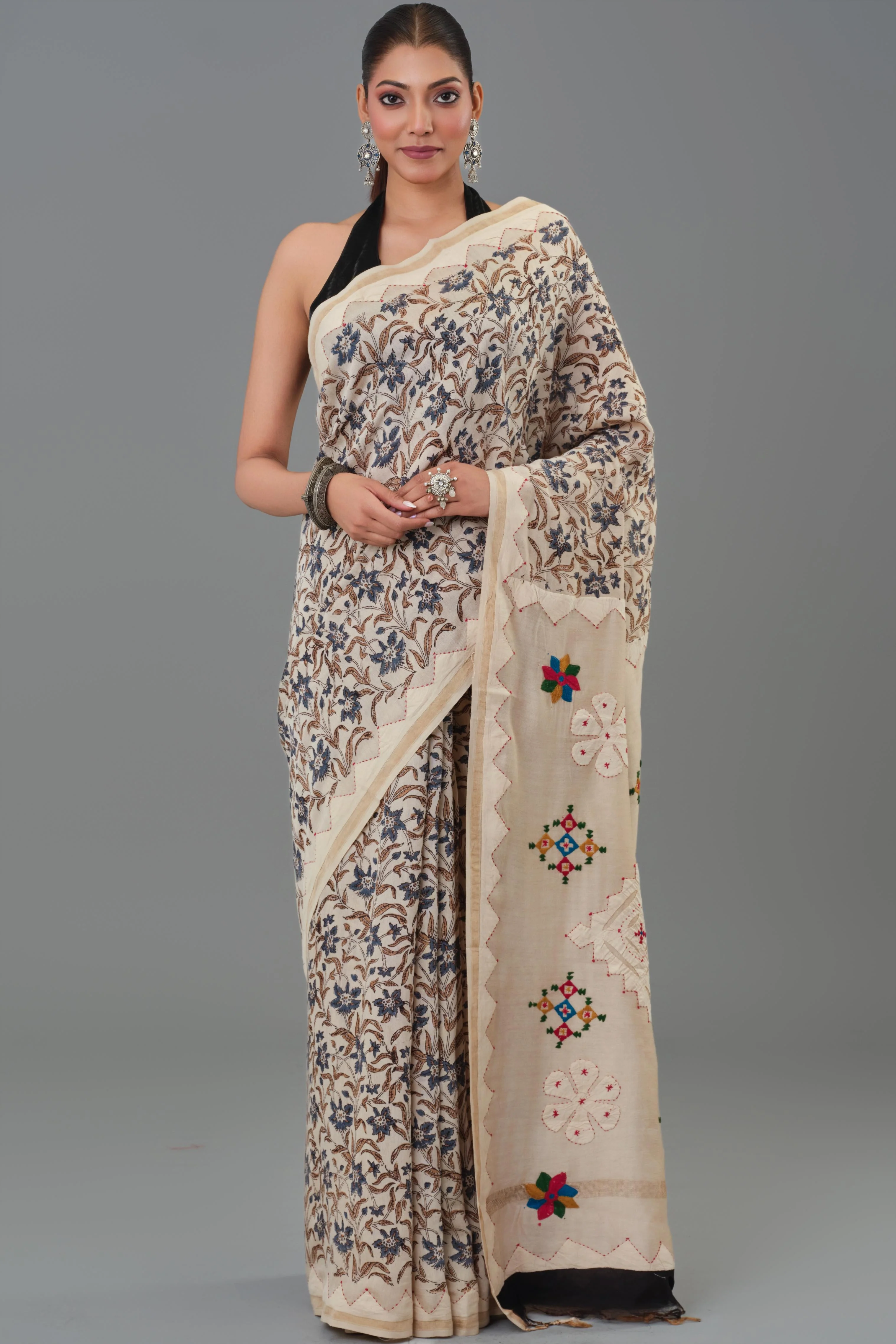 Beige Kantha Handwork Chanderi Silk Saree - Image 8