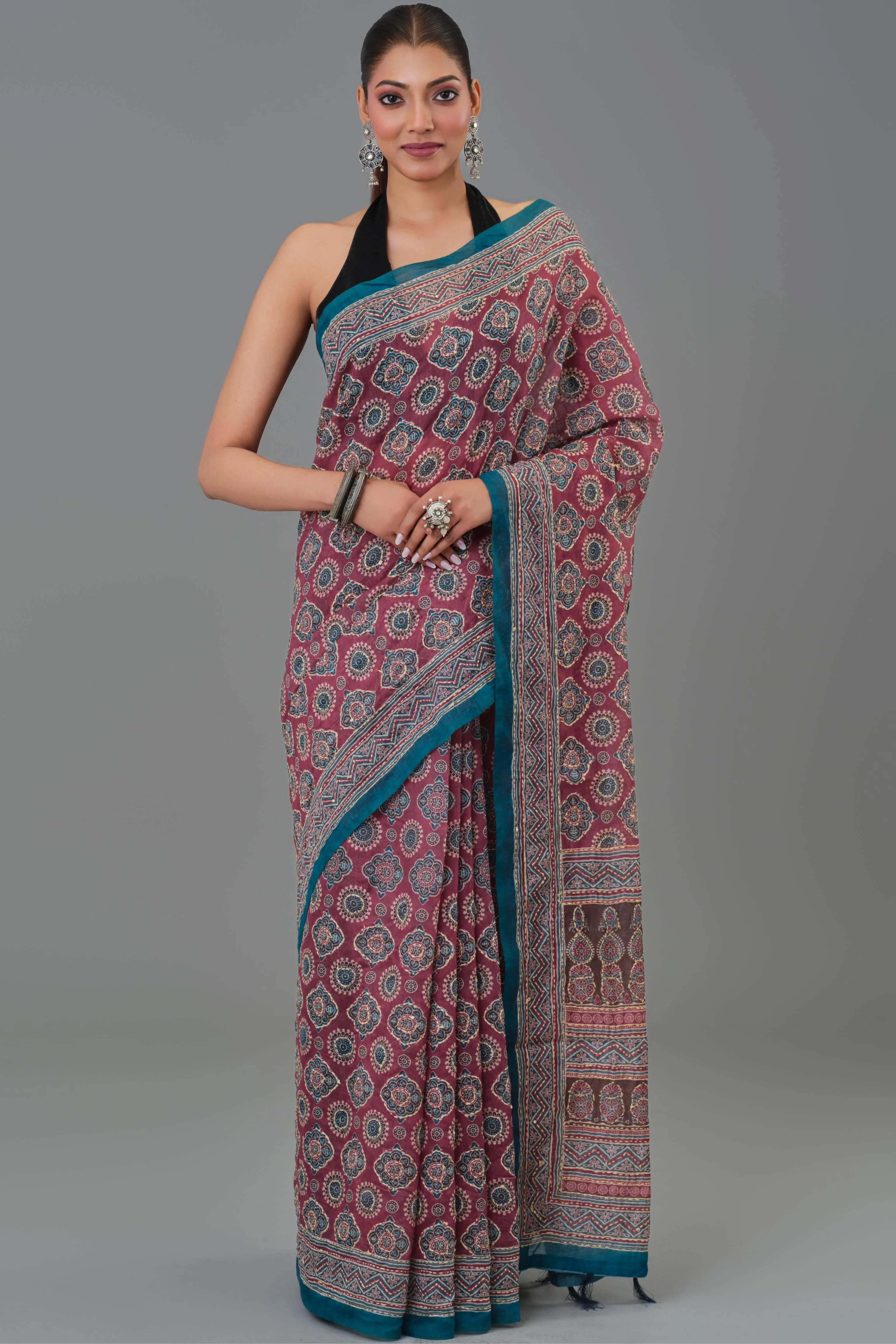 Maroon Kantha Handwork Chanderi Silk Saree - Image 2