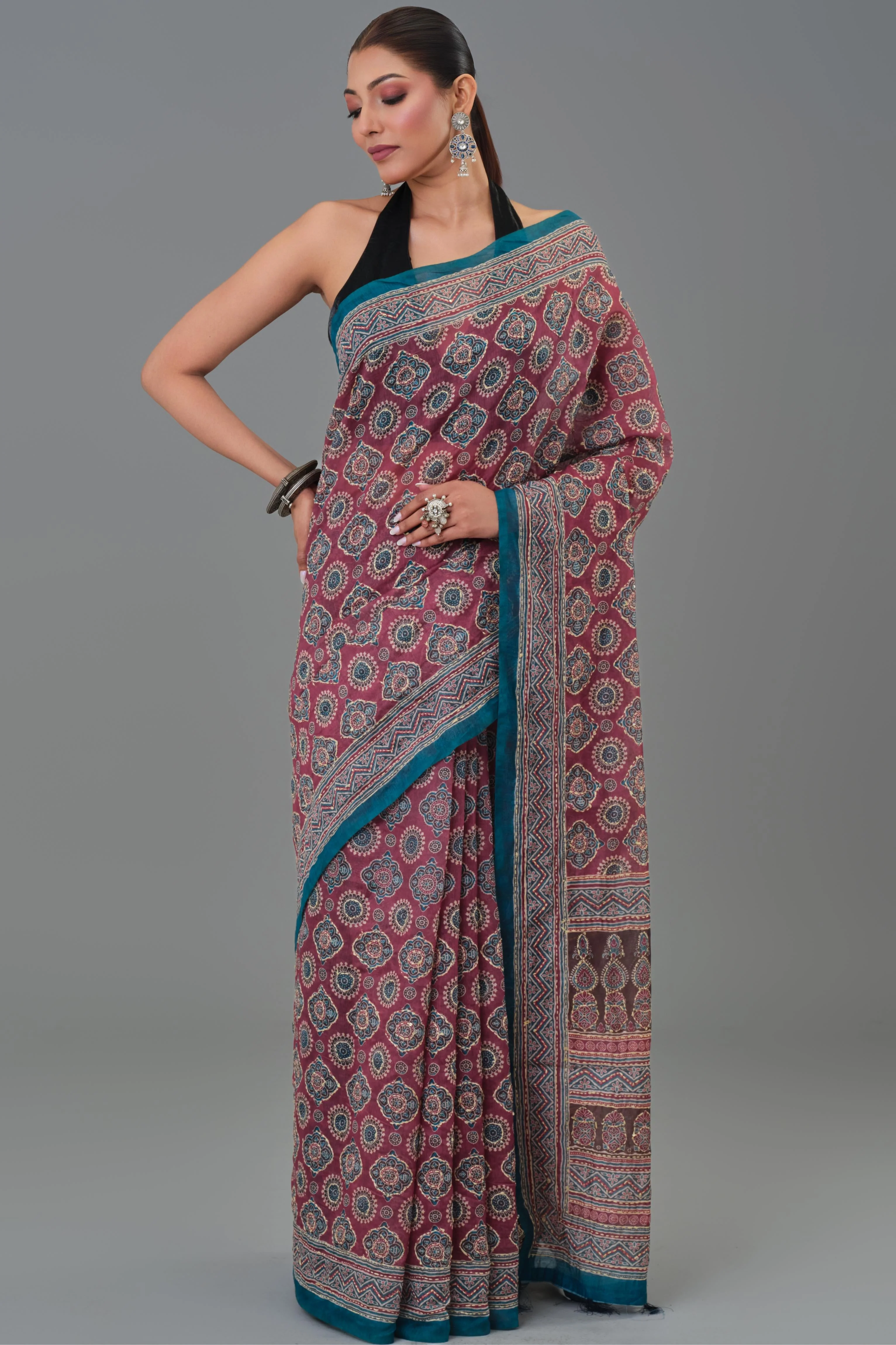 Maroon Kantha Handwork Chanderi Silk Saree - Image 5