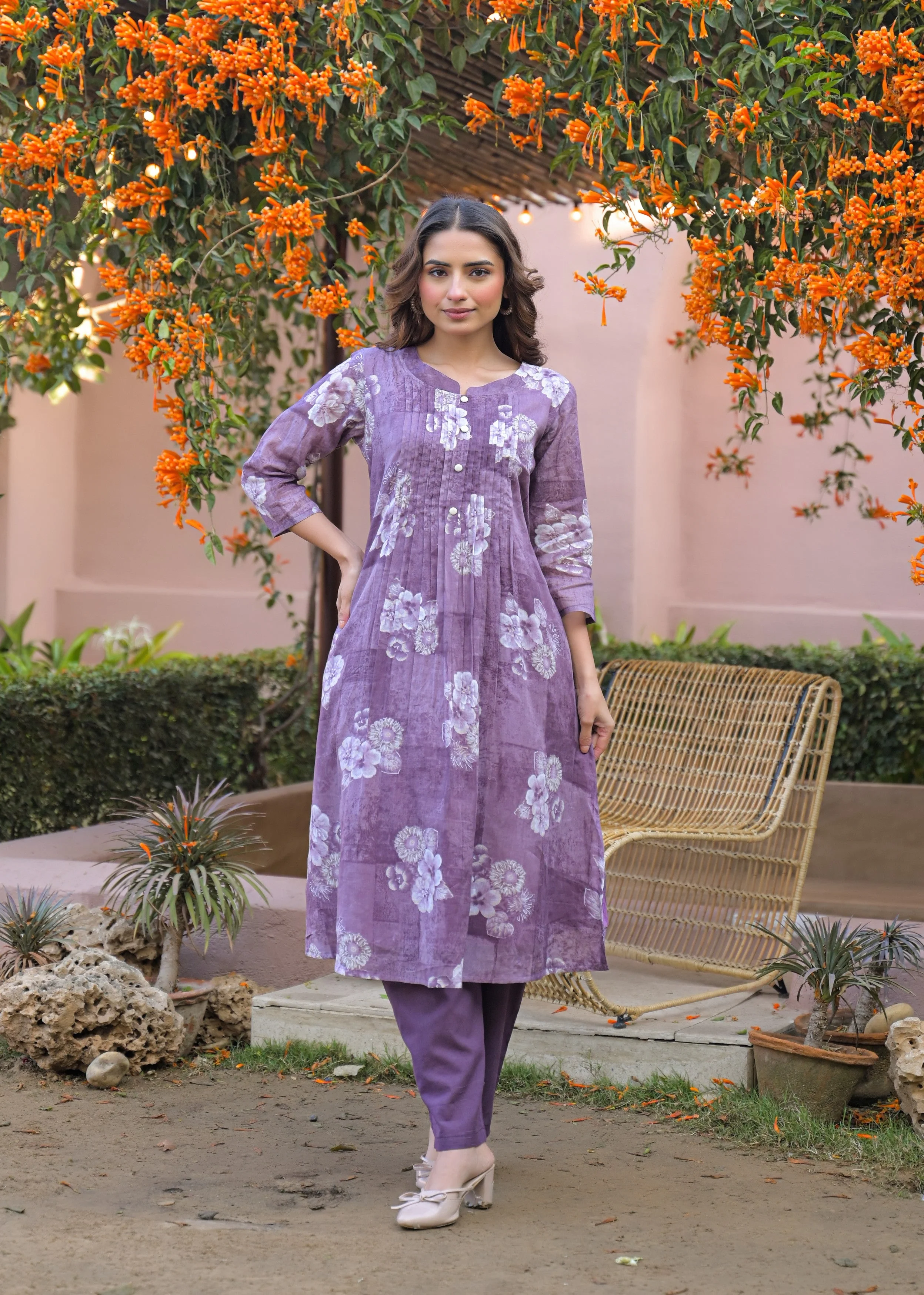 Dusty Mauve Floral Printed Cotton Kurta Set - Image 3
