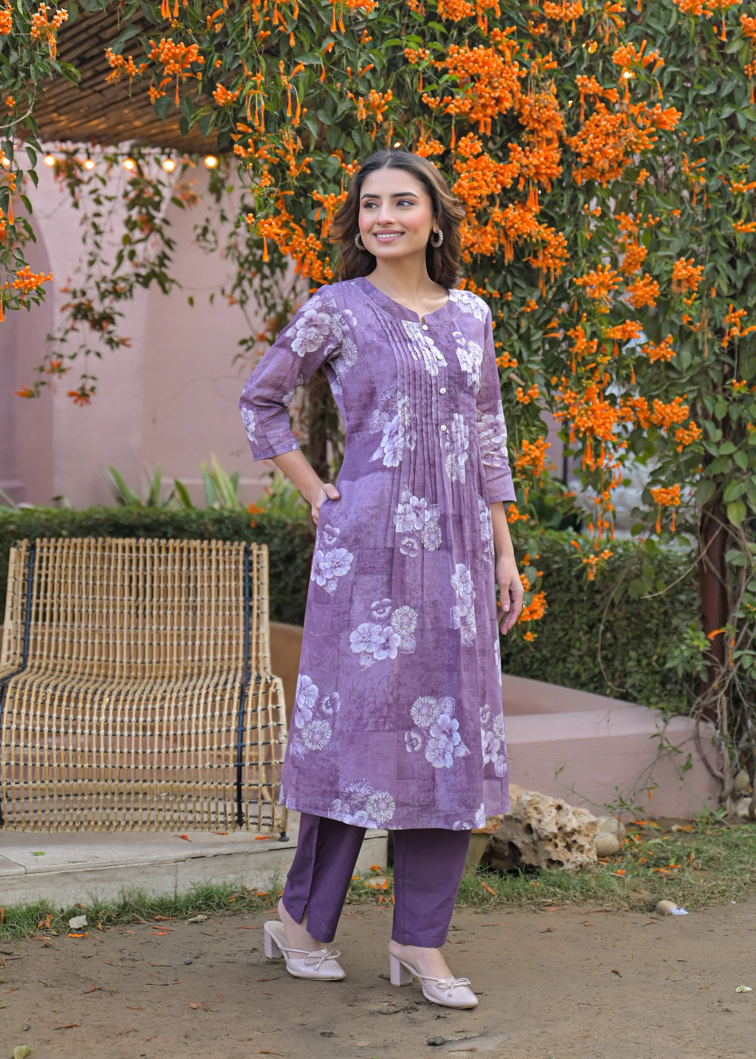 Dusty Mauve Floral Printed Cotton Kurta Set - Image 4