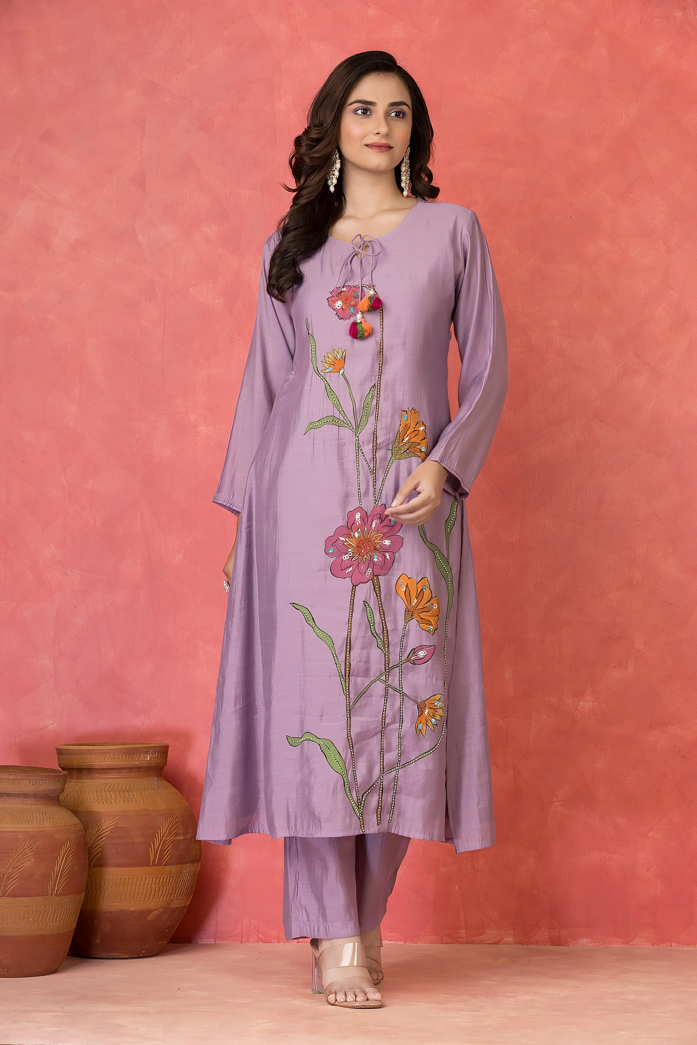 Lavender Bloom Embellished Premium Silk Kurta Set - Image 2