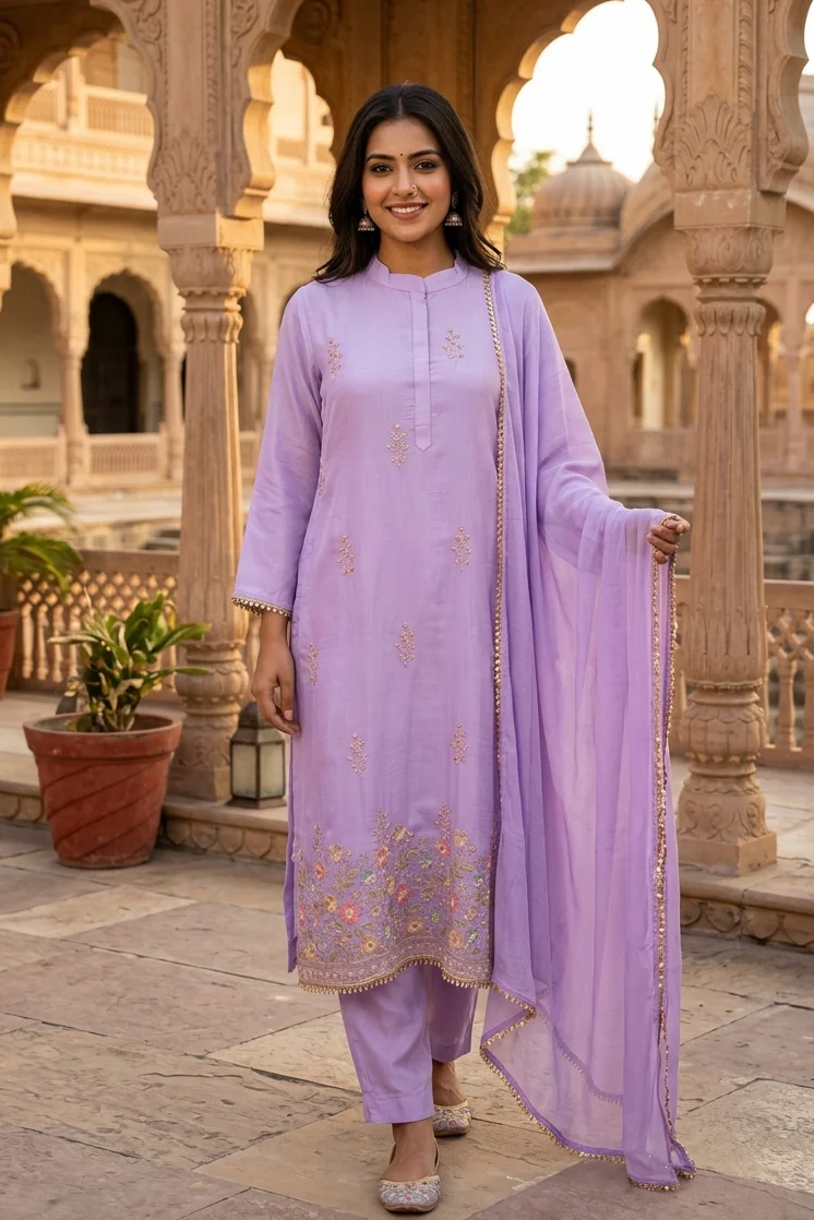 Lavender Blossom Embellished Muslin Silk Pant Set