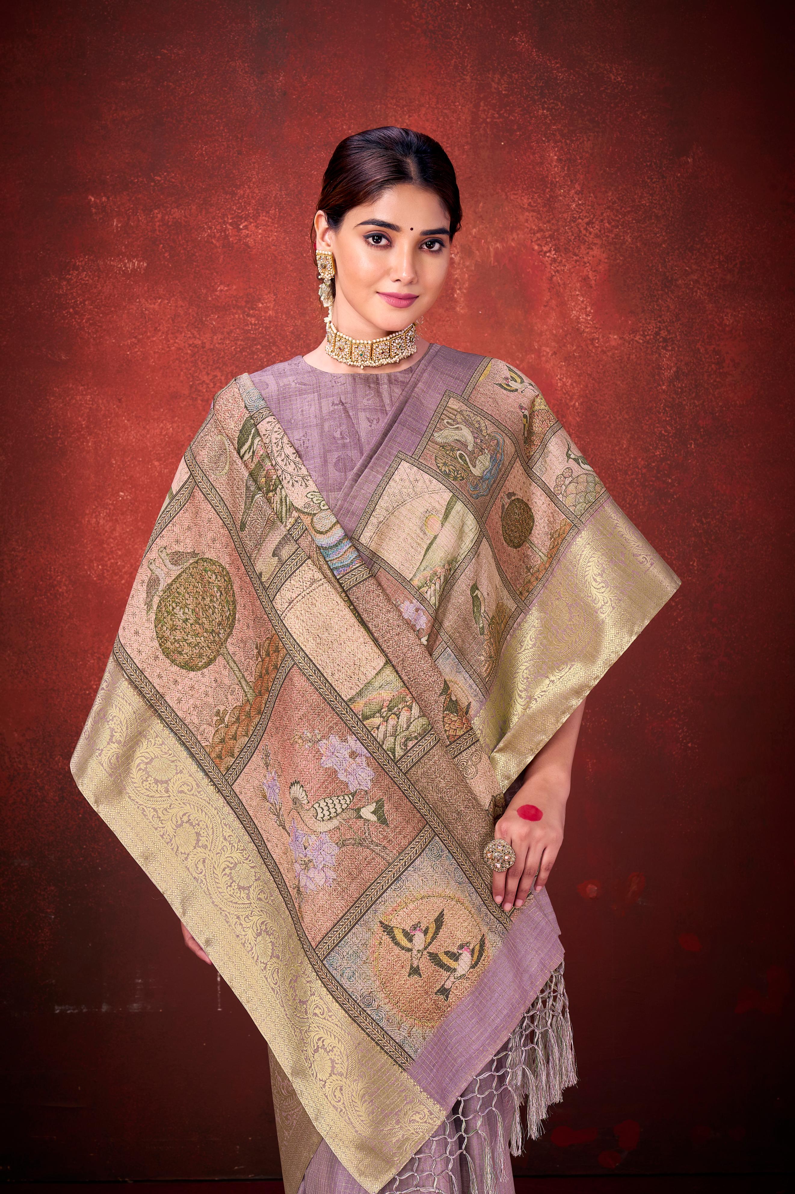Lavender Cora Check Silk Printed Saree - Image 2