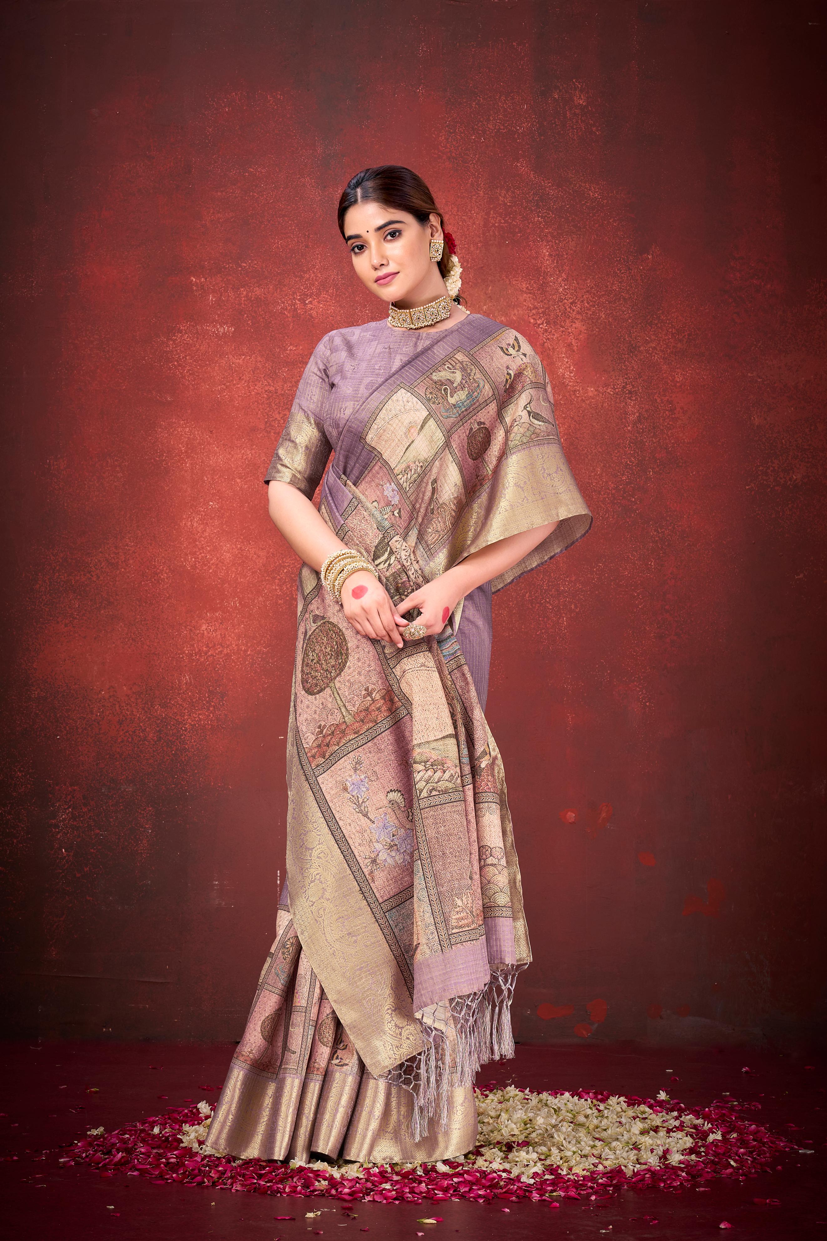 Lavender Cora Check Silk Printed Saree - Image 3
