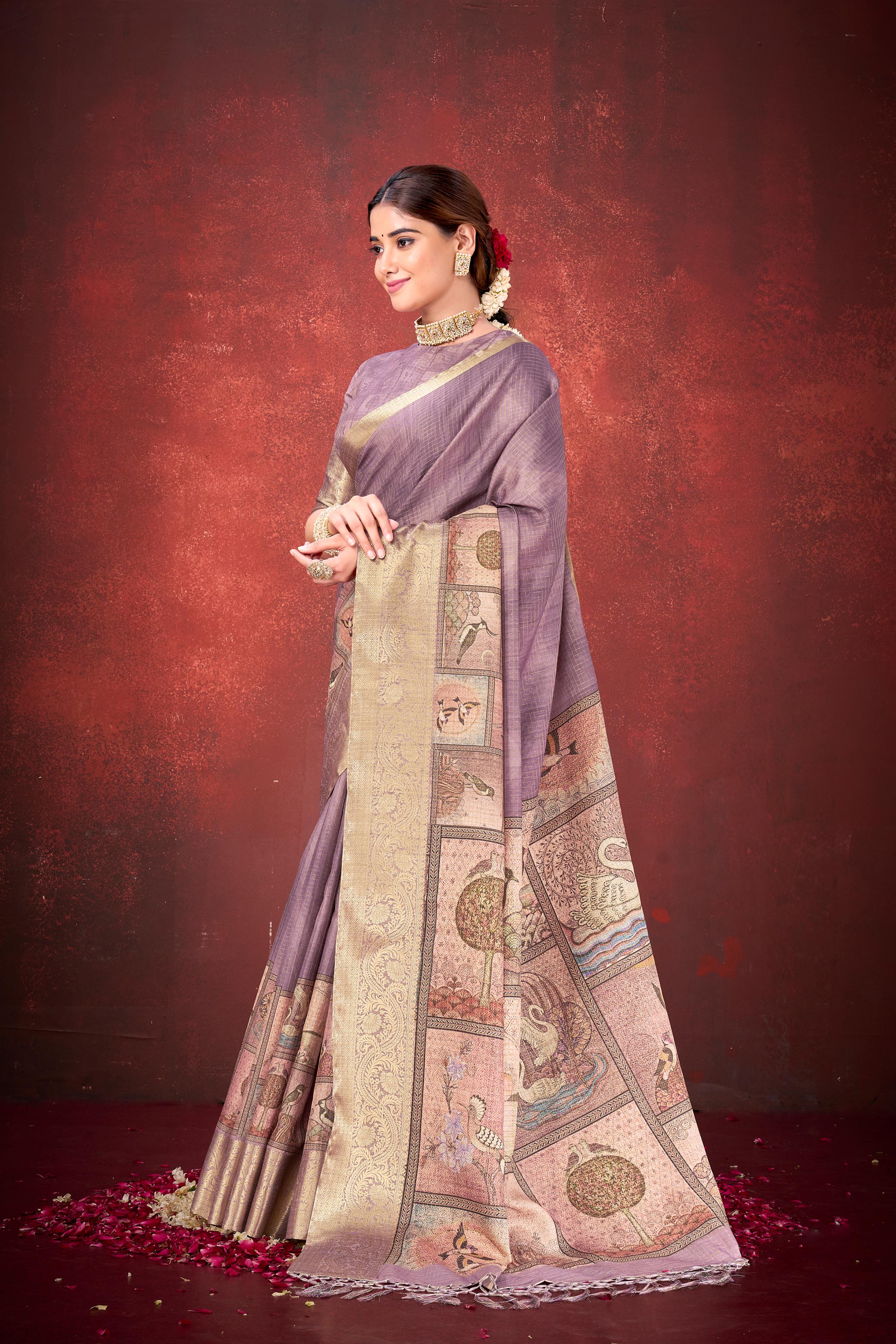 Lavender Cora Check Silk Printed Saree - Image 4
