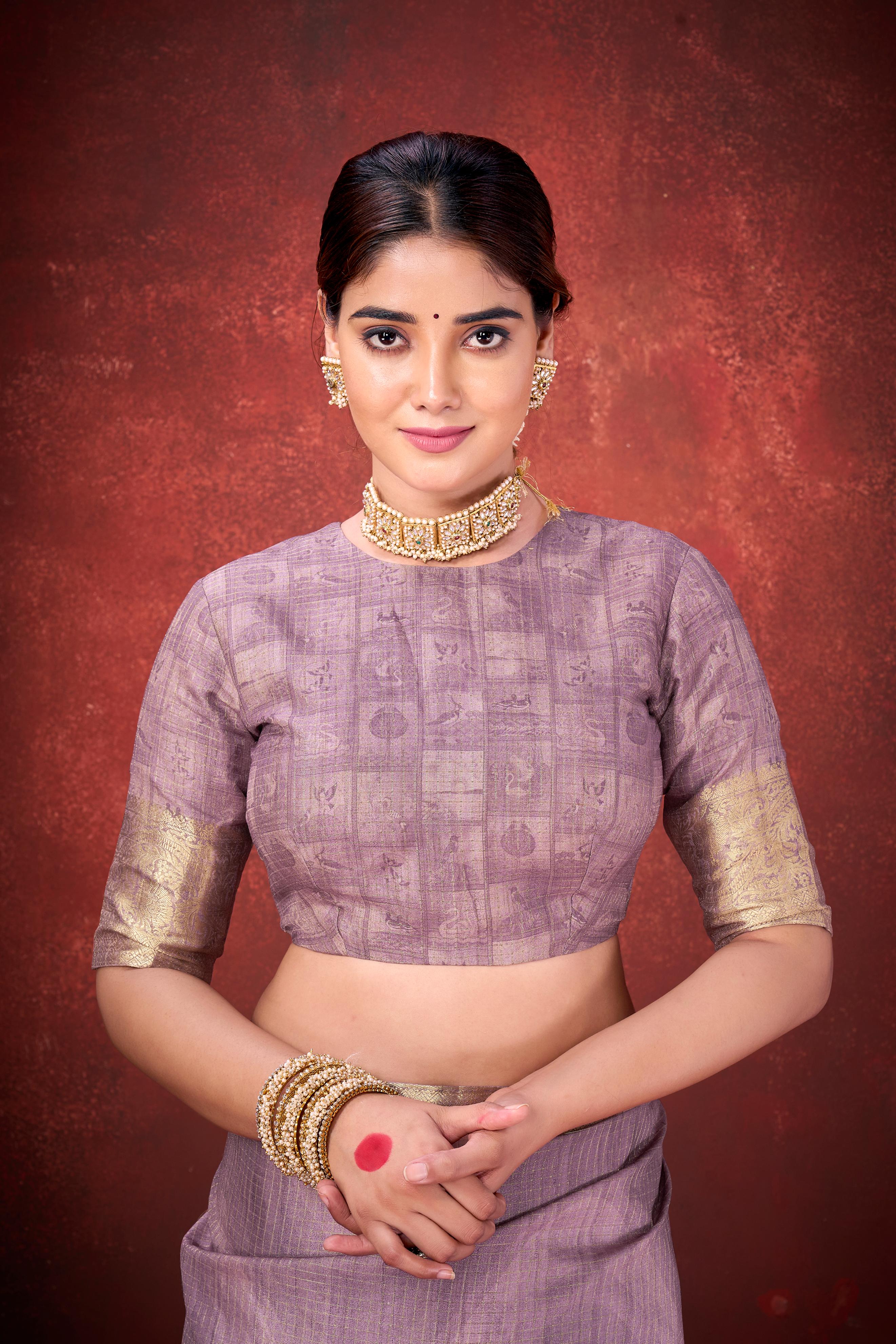 Lavender Cora Check Silk Printed Saree - Image 5