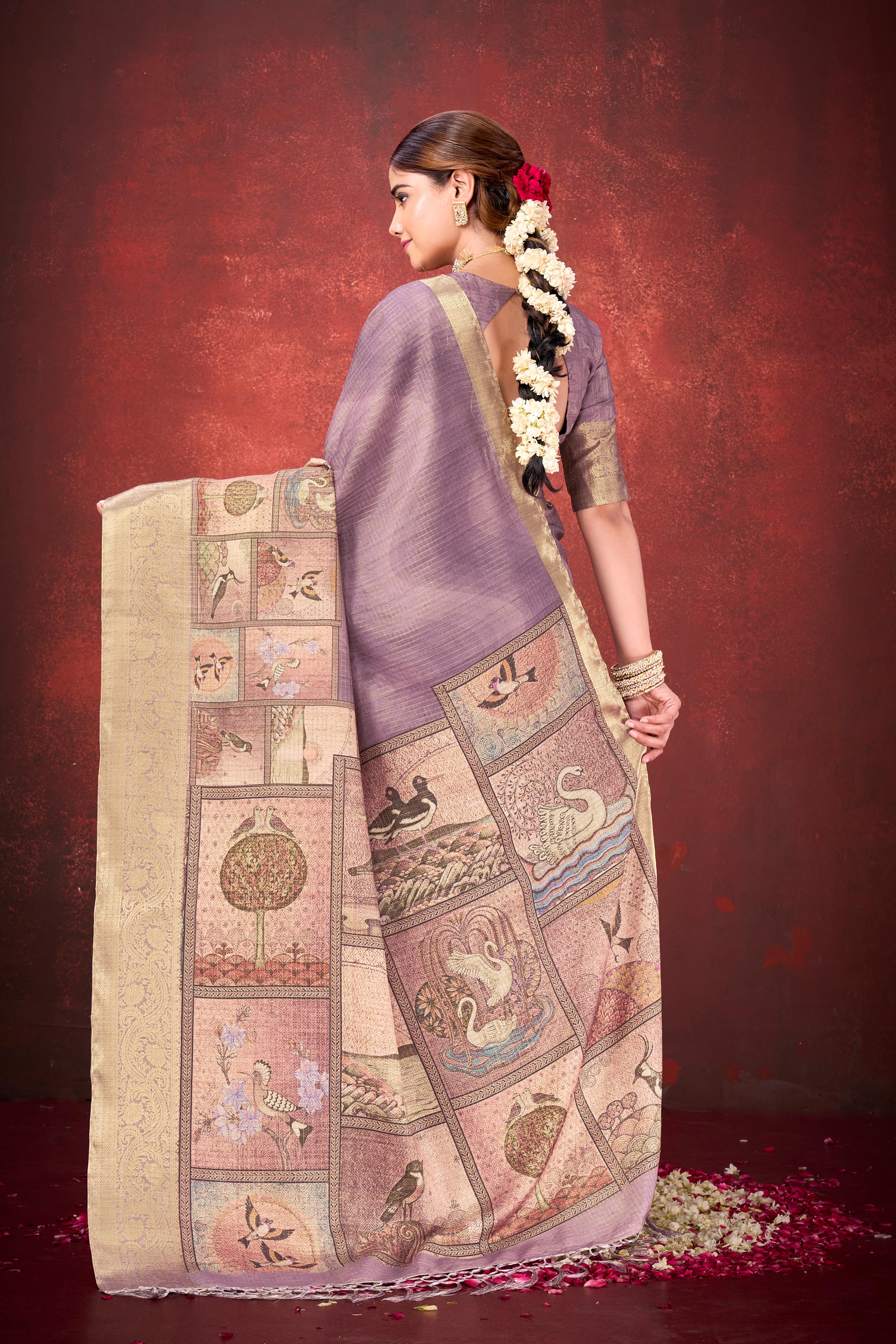 Lavender Cora Check Silk Printed Saree - Image 6