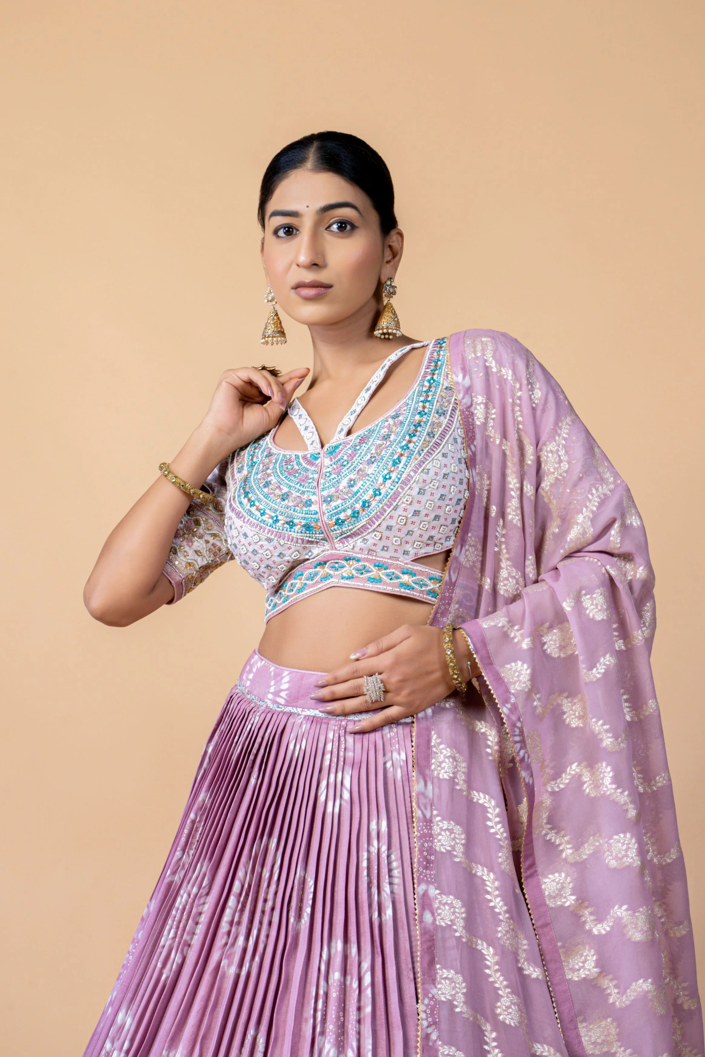 Lavender Embellished Brocade Silk Lehenga Set - Image 2