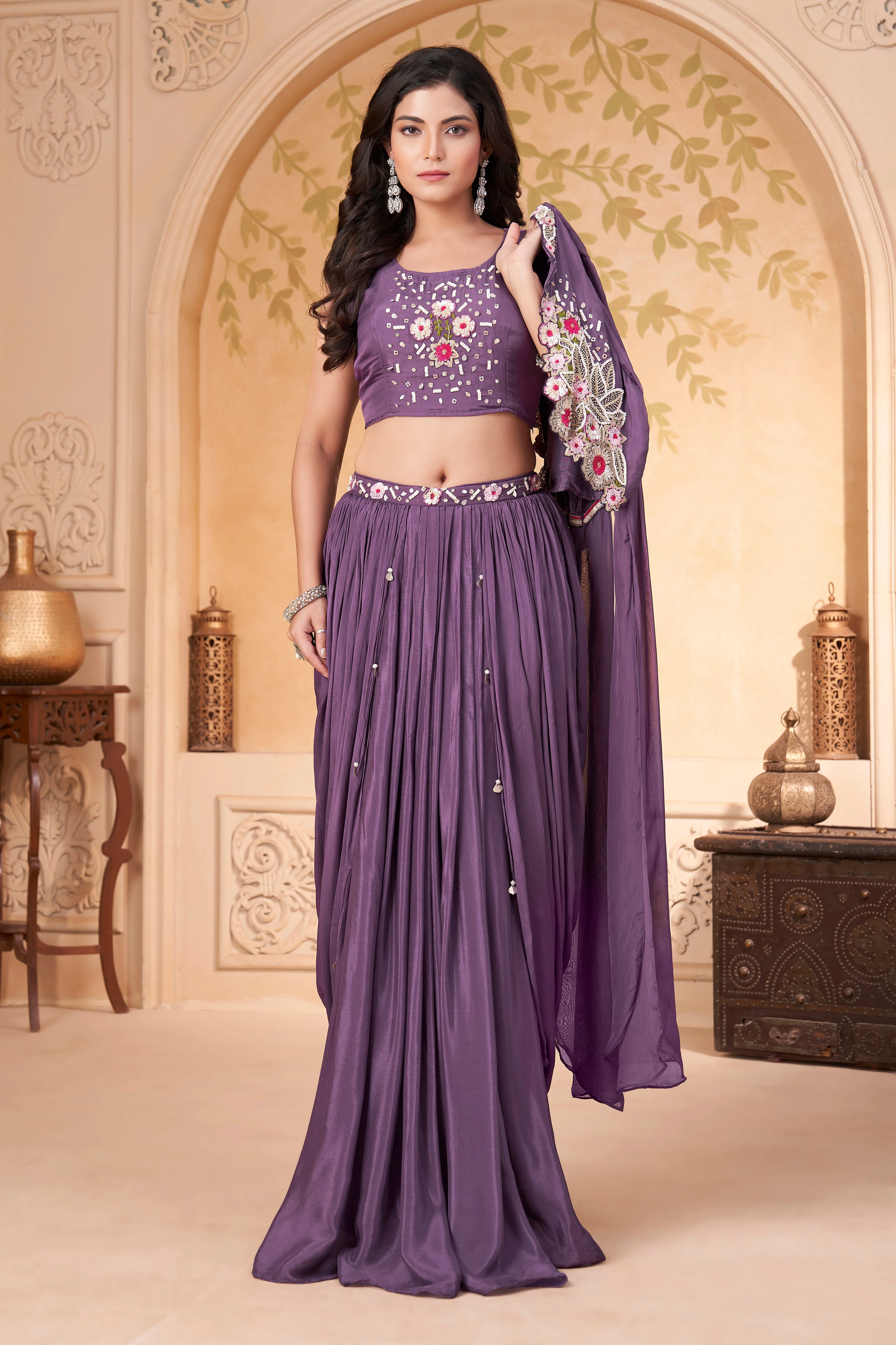 Lavender Embellished Crepe Silk Skirt Set
