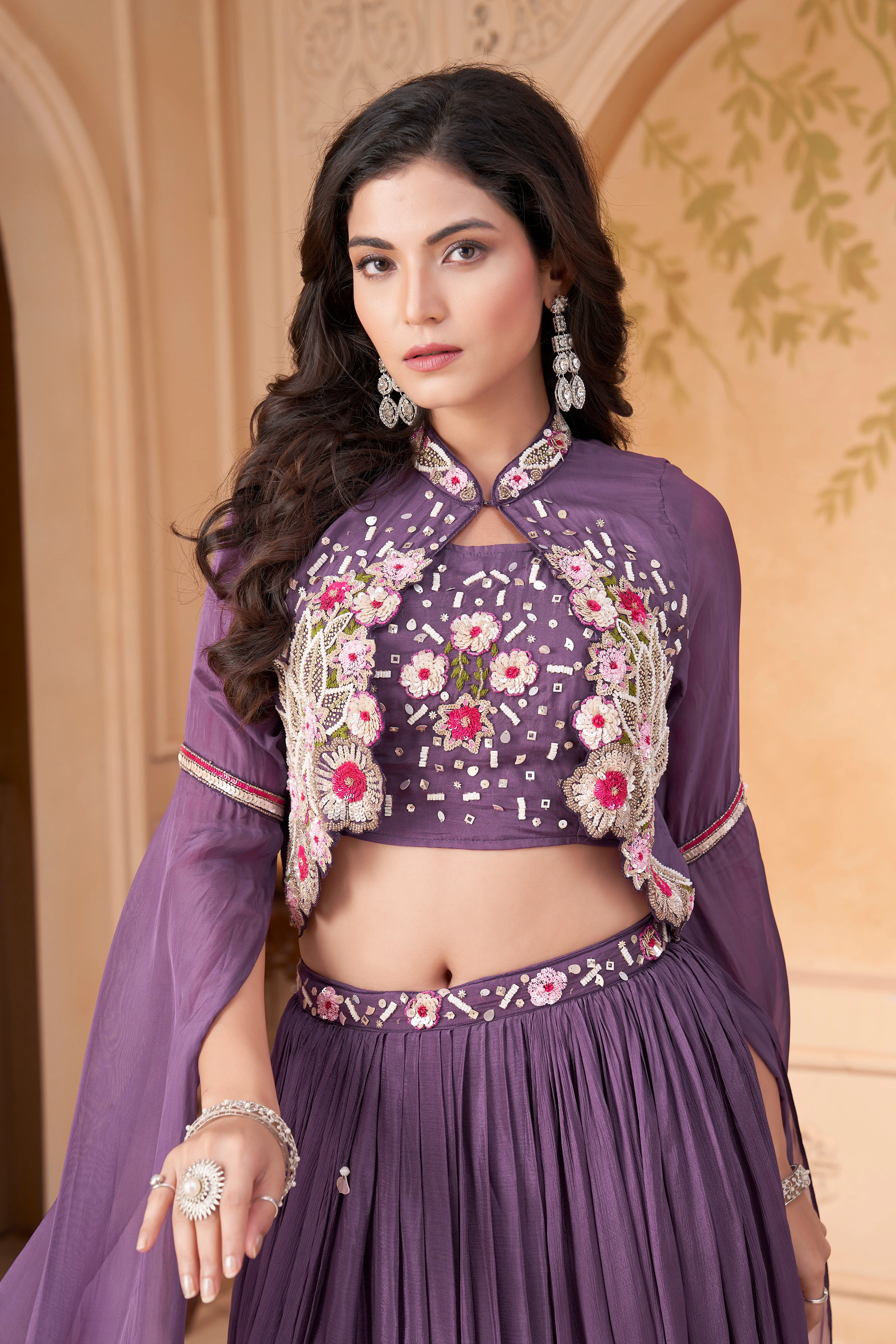 Lavender Embellished Crepe Silk Skirt Set - Image 2