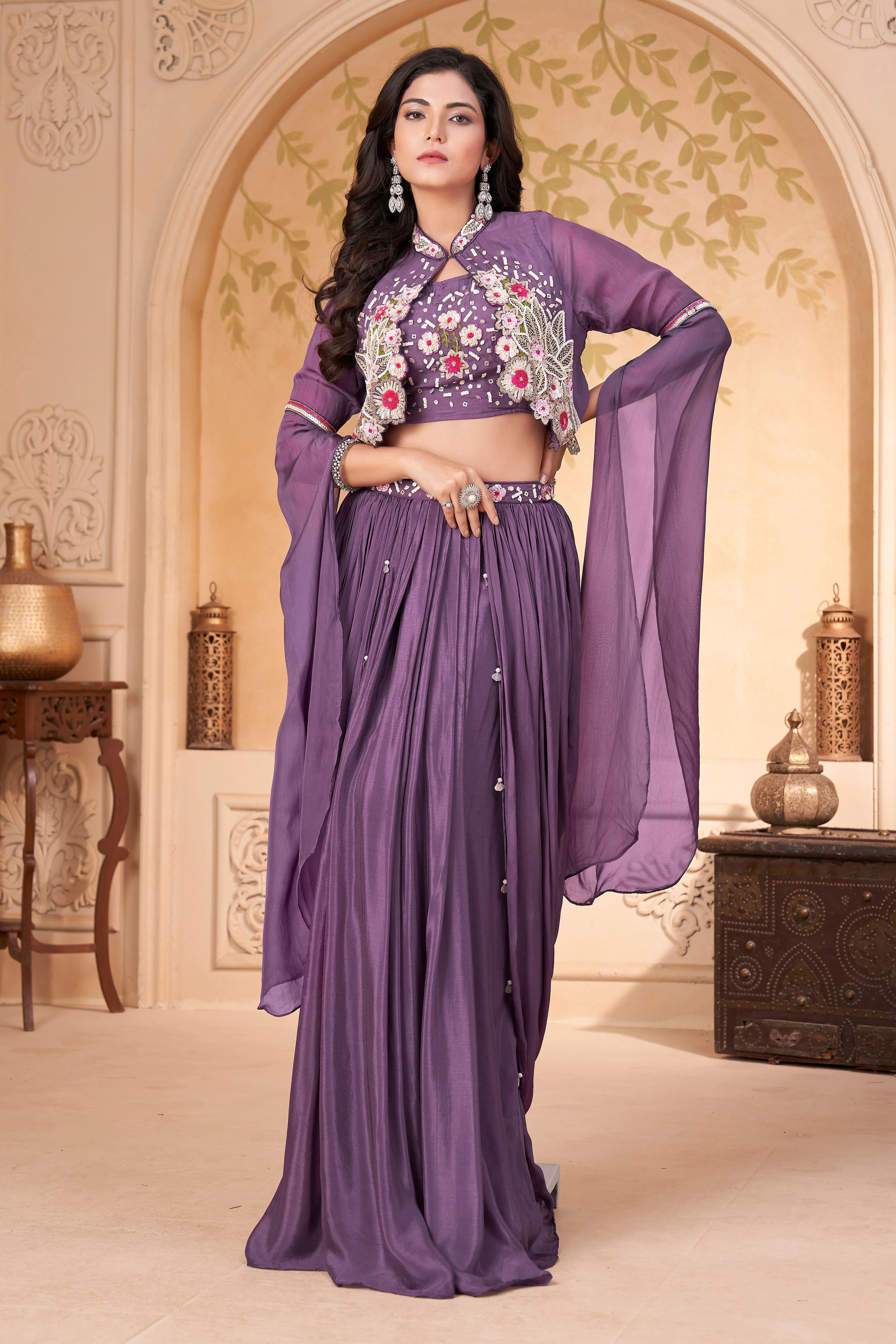 Lavender Embellished Crepe Silk Skirt Set - Image 3