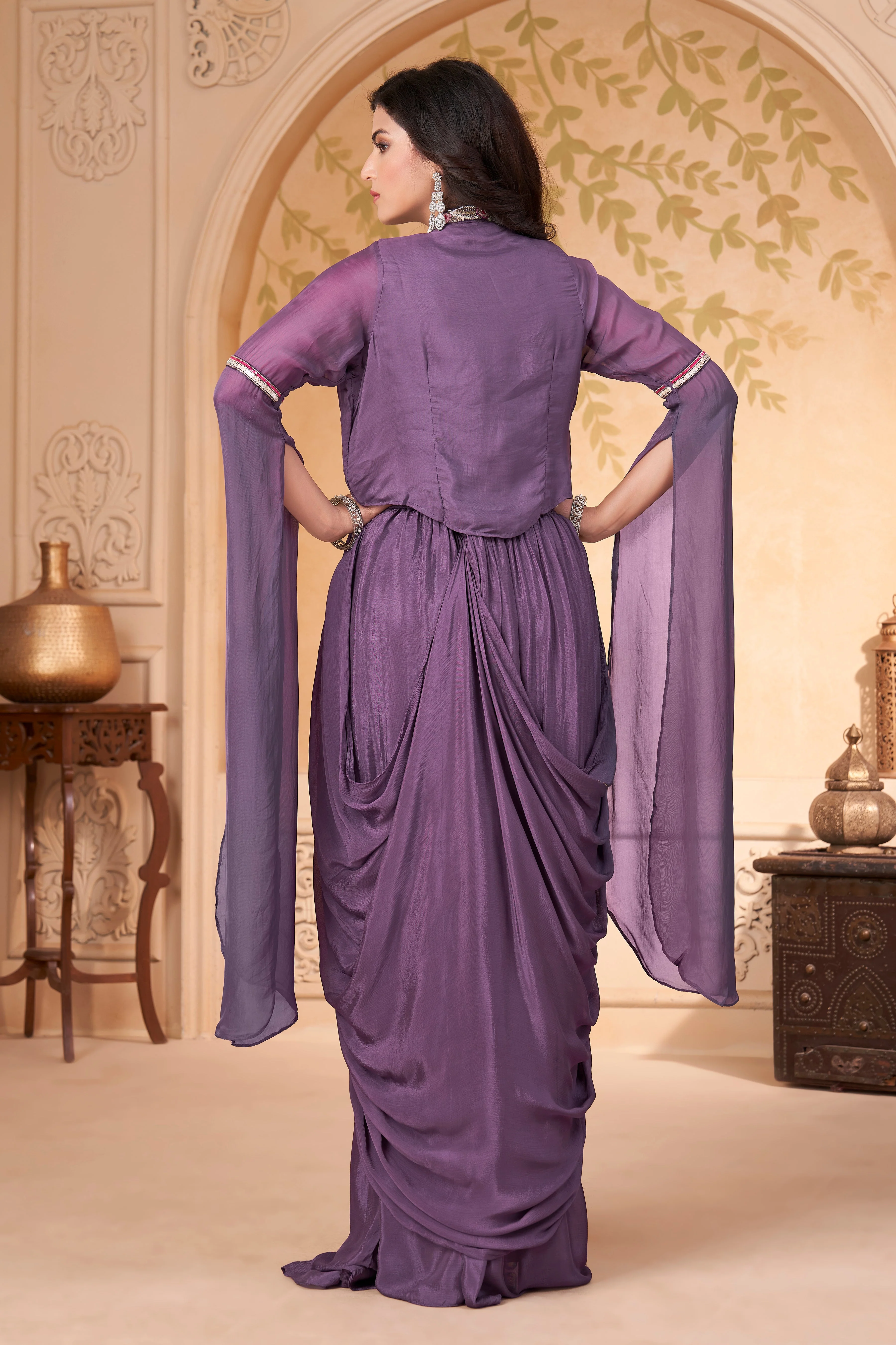 Lavender Embellished Crepe Silk Skirt Set - Image 4
