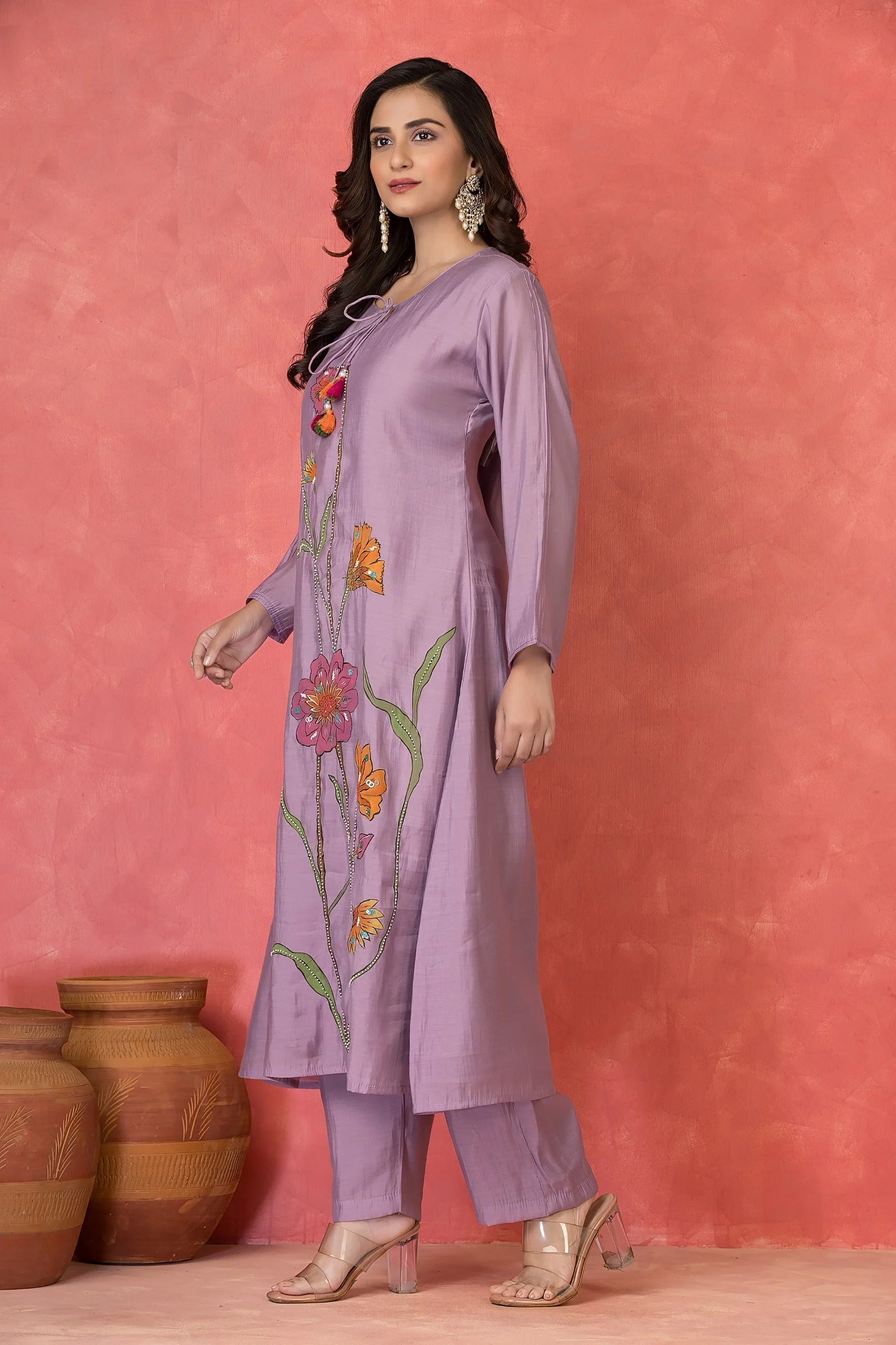 Lavender Embellished Premium Silk Kurta Set - Image 2