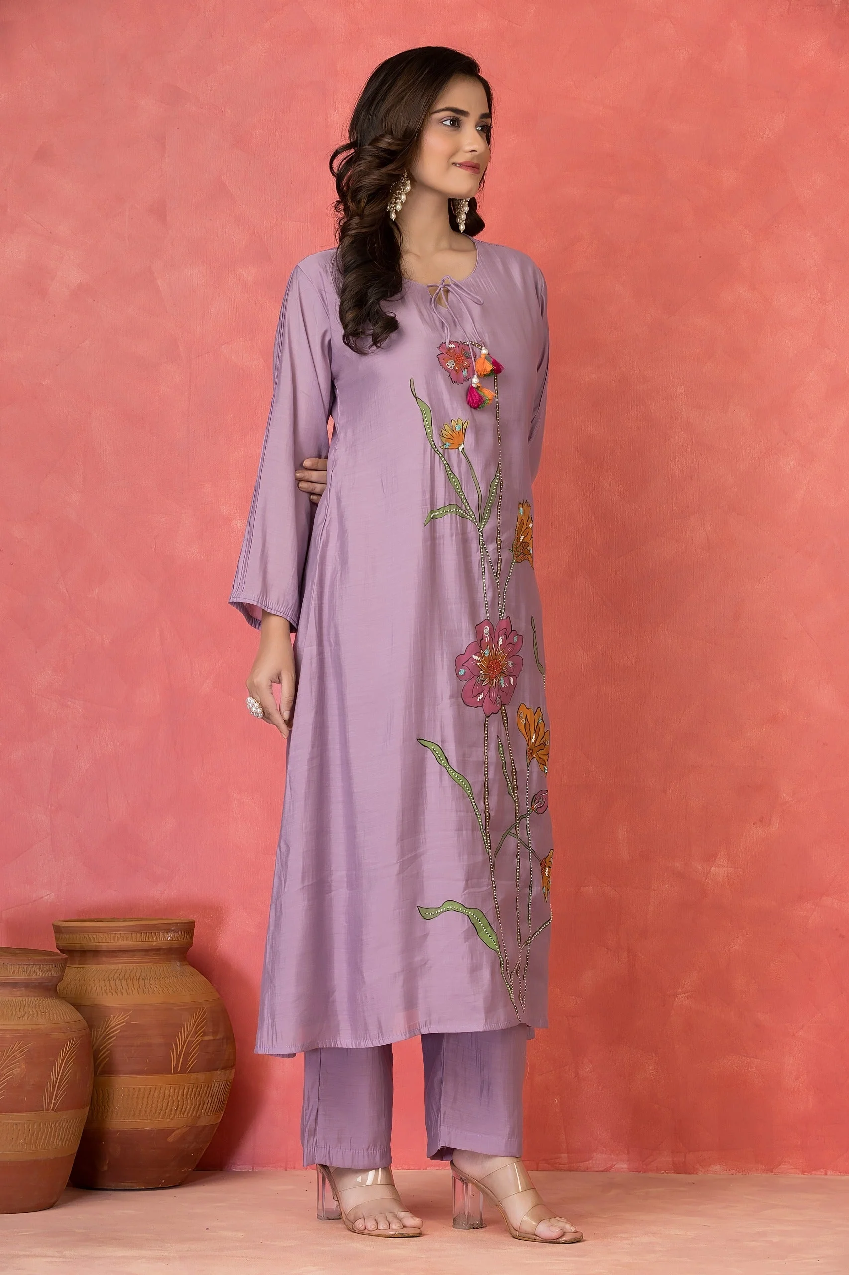 Lavender Embellished Premium Silk Kurta Set - Image 3