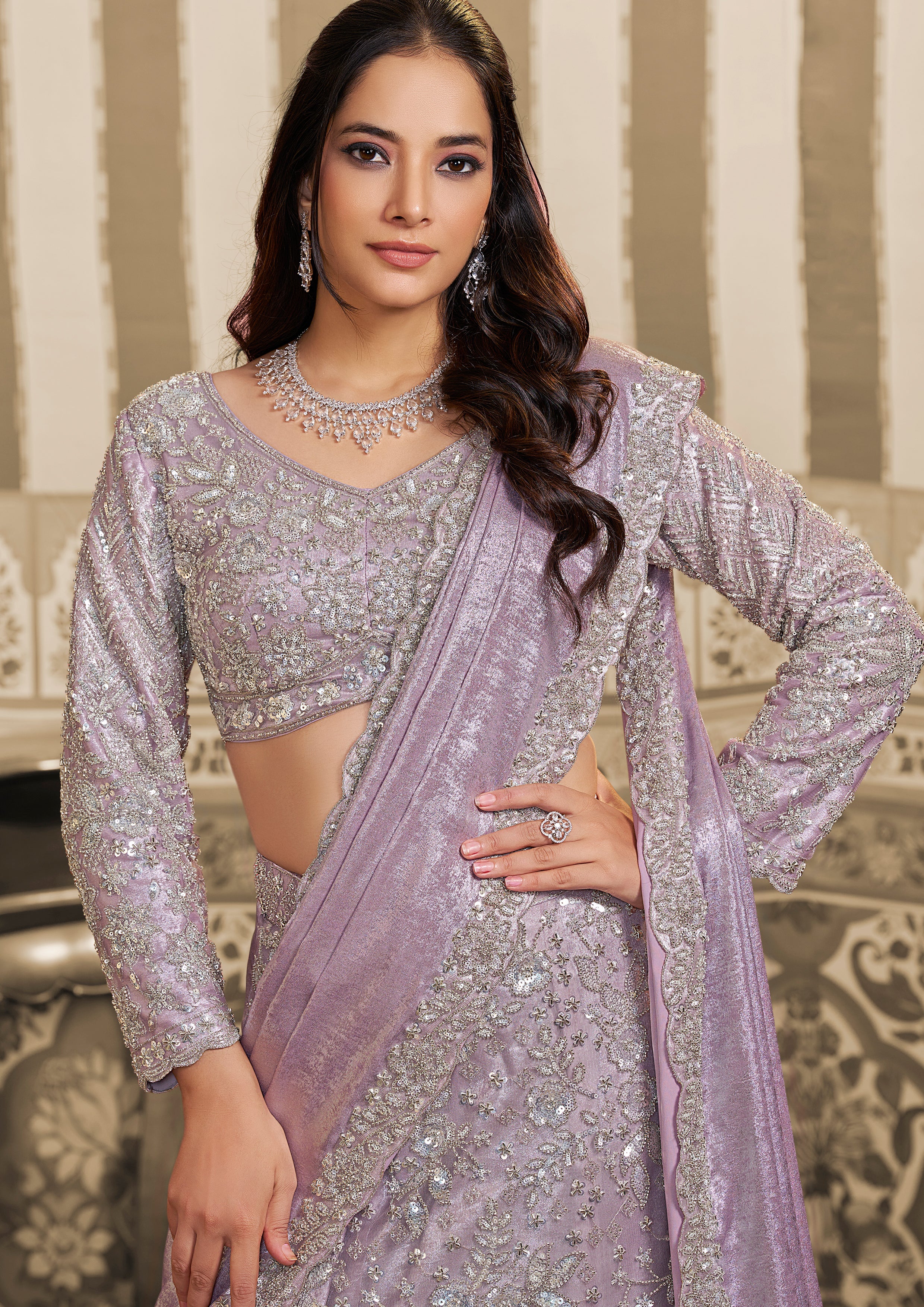 Lavender Embellished Satin Silk Lehenga Saree - Image 2
